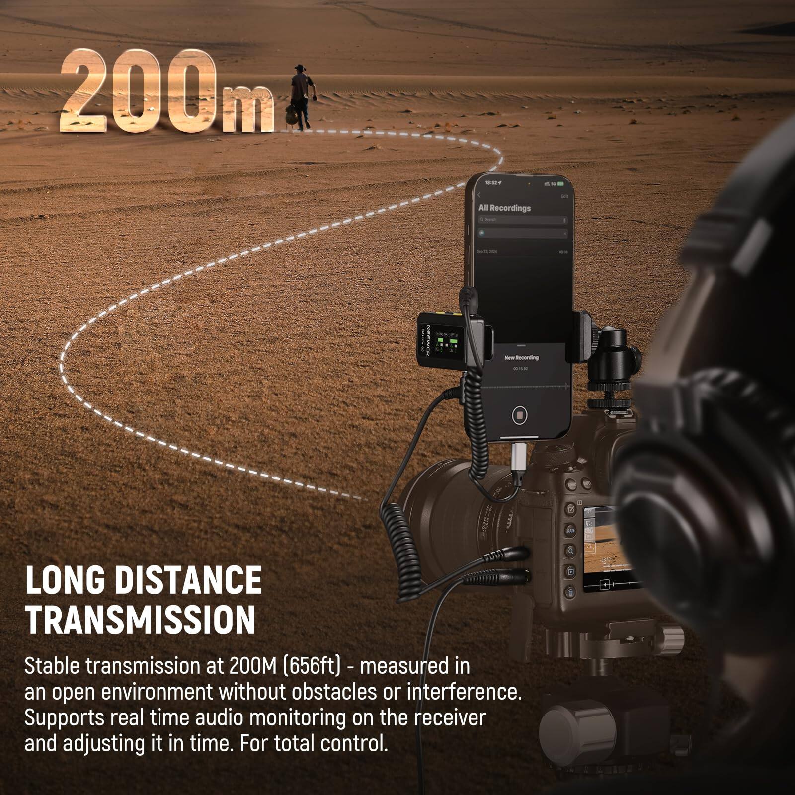 200m N - - All Recordings - - - S - - Now Recording - 7 C LONG DISTANCE TRANSMISSION

Stable transmission at 200M (656ft) (656ft) - measured in an open environment without obstacles or interference. Supports real-time audio monitoring on the receiver and adjusting it in time. For total control.