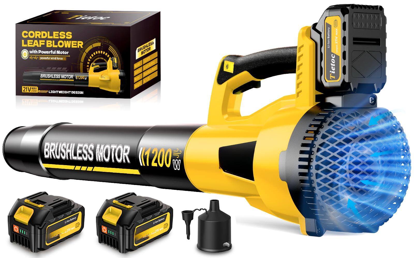 Sure, here is the corrected and grouped text from the image:
---
**Tietoc**
**CORDLESS LEAF BLOWER**
- with Powerful Motor
- powerful wind force
- BRUSHLESS MOTOR
- 1200 W
- 21V MAX
- LIGHTWEIGHT DESIGN
**BRUSHLESS MOTOR**
**1200 W**
**Li-lon Battery**
**21V MAX**
**LIGHTWEIGHT DESIGN**
**Tietoc**
**Li-lon Battery**
**21V MAX**
**Li-lon Battery**
**21V MAX**
---
This text is organized to reflect the key features and specifications of the cordless leaf blower and its battery.