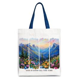 OrnamentallyYou - God Is Good All the Time Mountain Christian Canvas Tote Bag, Bible Verse Faith Gift Shopper - White Navy