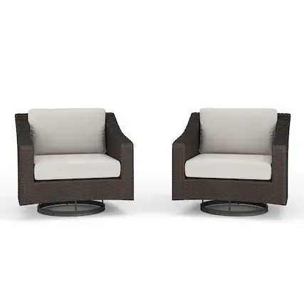 Front. Martha Stewart - Bedford 2PK Outdoor Rattan Wicker Swivel Chairs with All-Weather Cushions - Tan Cushions/Brown Frame.