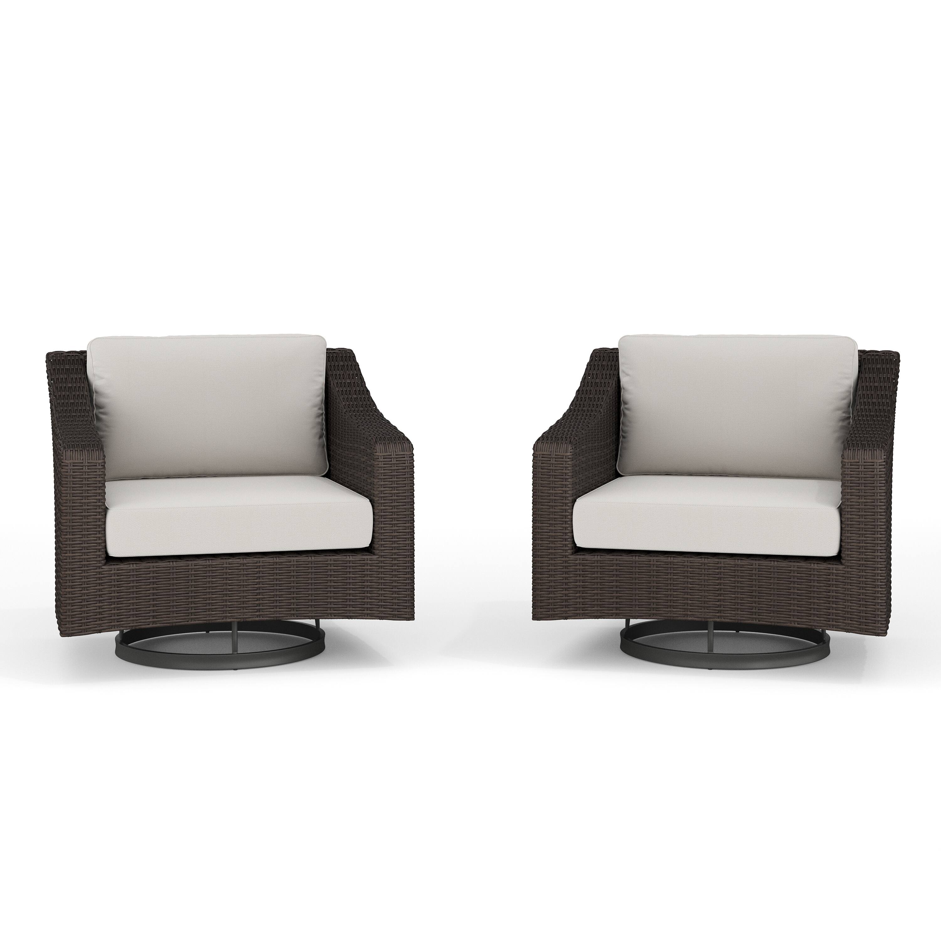 Front. Martha Stewart - Bedford 2PK Outdoor Rattan Wicker Swivel Chairs with All-Weather Cushions - Tan Cushions/Brown Frame.