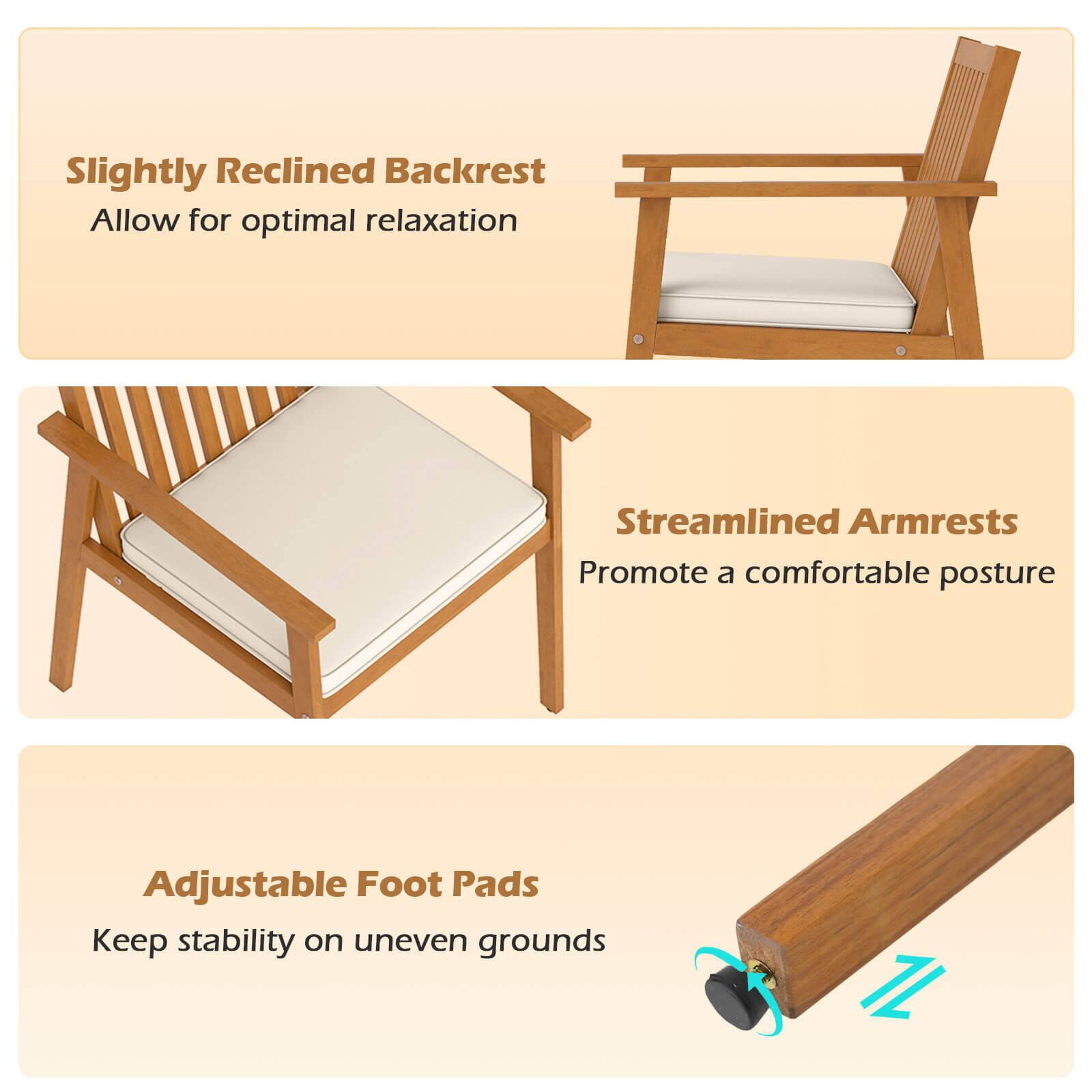 Slightly Reclined Backrest  
Allow for optimal relaxation  

Streamlined Armrests  
Promote a comfortable posture  

Adjustable Foot Pads  
Keep stability on uneven grounds