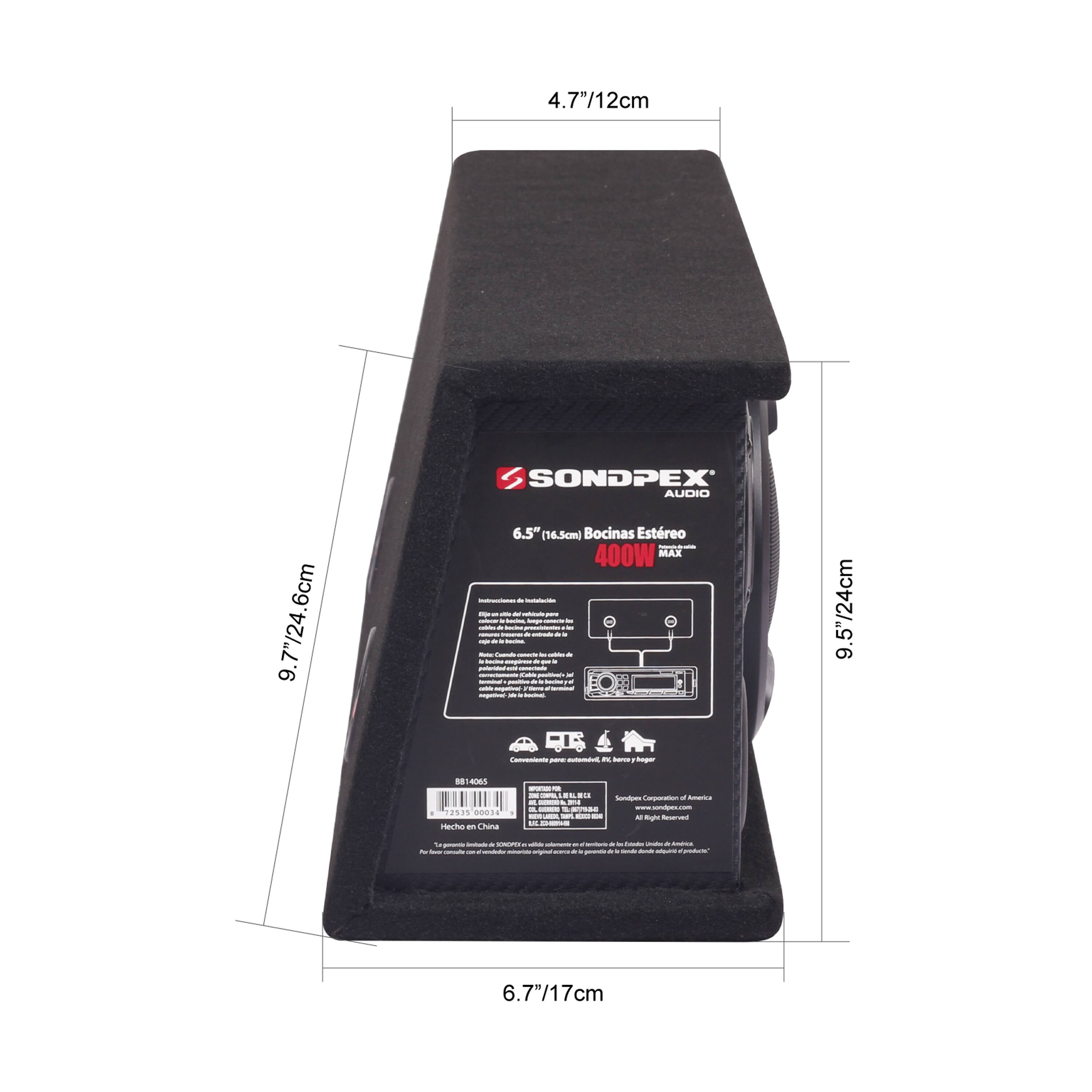 Sure, here is the corrected and grouped text:

---

**SONDPEX AUDIO**

**6.5" (16.5cm) Bocinas Estreo 400W MAX**

- 4.7"/12cm
- 6cm
- 9.7"/24.6cm
- 9.5"/24cm
- 6.7"/17cm

**Dimensions:**
- 4.7"/12cm
- 6.5"/16.5cm
- 9.7"/24.6cm
- 9.5"/24cm
- 6.7"/17cm

**SONDPEX AUDIO**

**6.5" (16.5cm) Bocinas Estreo 400W MAX**

**SONDPEX AUDIO**

**6.5" (16.5cm) Bocinas Estreo 400W MAX**

**SONDPEX AUDIO**

**6.5" (16.5cm) Bocinas Estreo 400W MAX**

**SONDPEX AUDIO**

**6.5" (16.