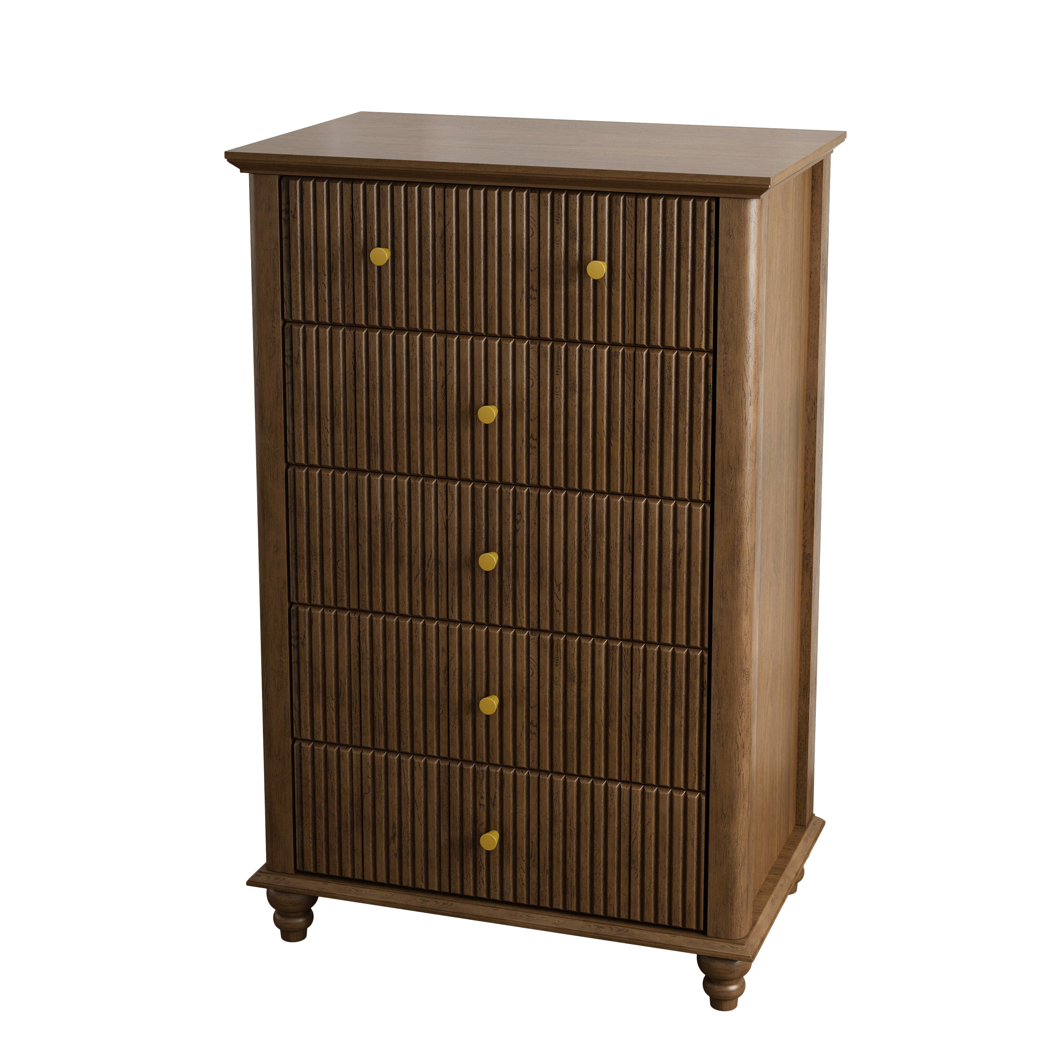 TinyHomie - Fluted 5 Drawer Dresser 45 Inch Tall Modern Chest of Drawers Bedroom Dresser with Metal Handle Wooden Drawer Organizer - Walnut
