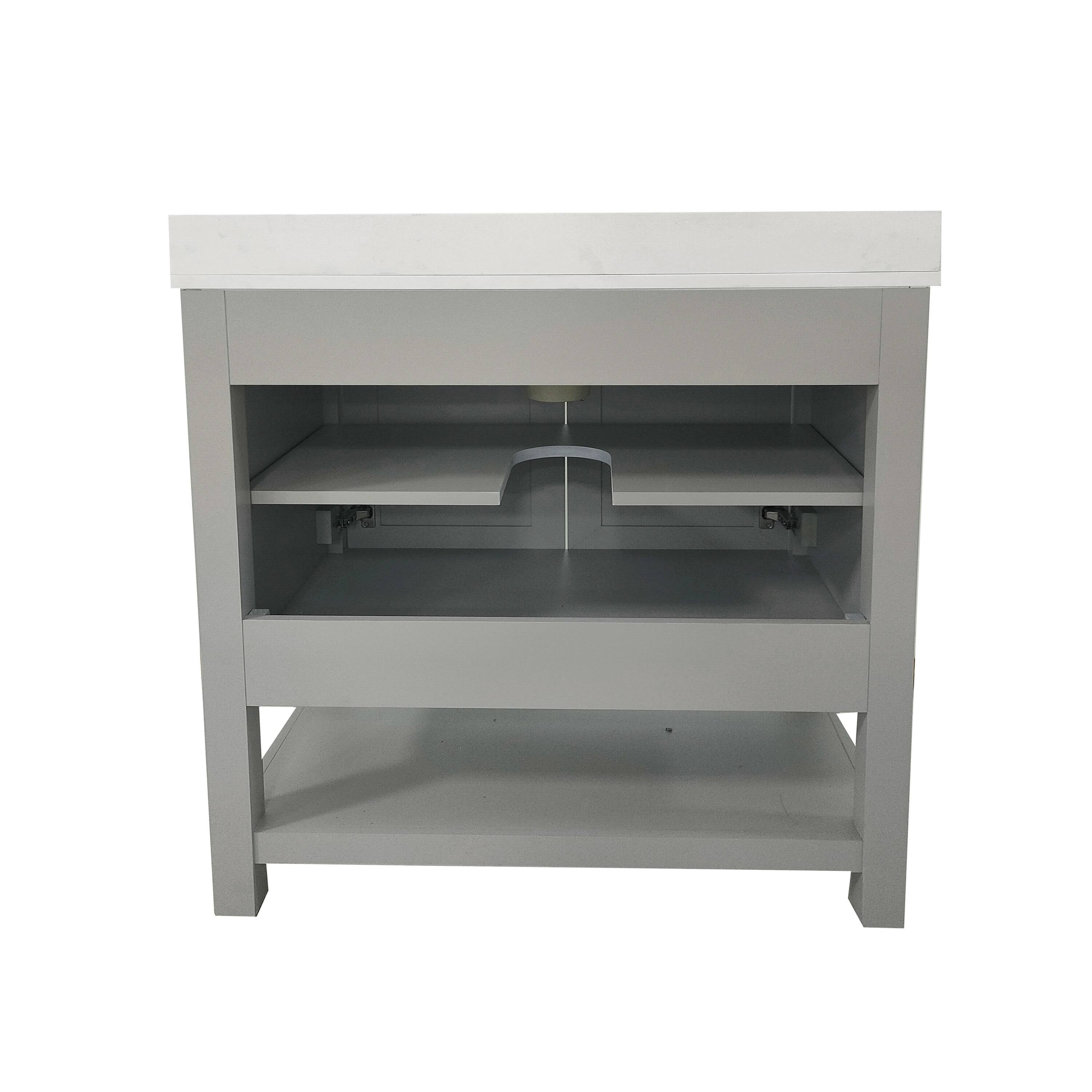 Alt View 4. Emma + Oliver - Vesta Bathroom Vanity, Single Sink Cabinet with 2 Soft Close Doors and Open Shelf, Carrara Marble Finish Countertop - Gray Frame/Black Hardware.