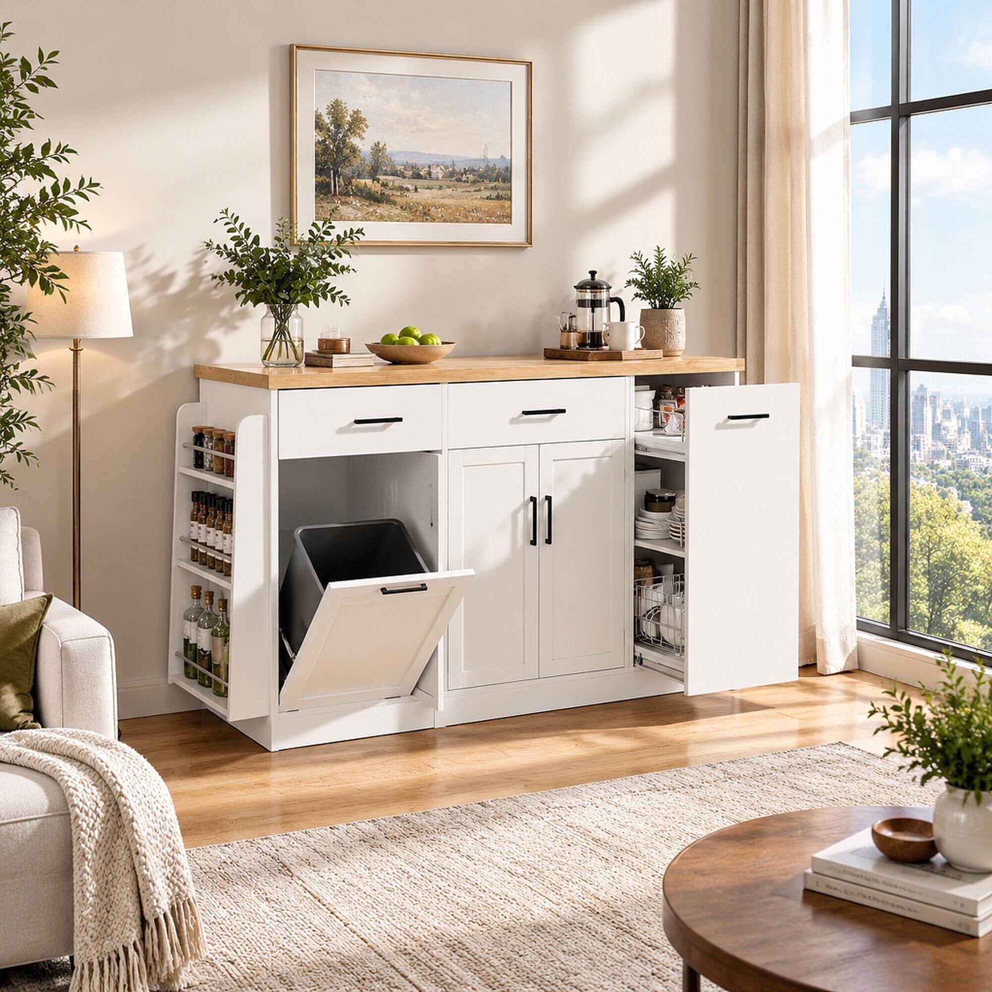Back. RYHNUYNE - Freestanding Multi-Functional Sideboard with Trash Can Storage, Sliding Door Cabinet and Spice Rack, White - White.