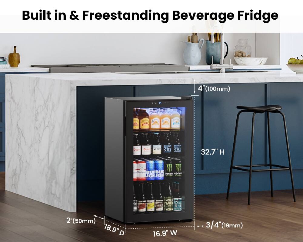 Built in & Freestanding Beverage Fridge

- Height: 32.7" (830mm)
- Width: 16.9" (430mm)
- Depth: 18.9" (480mm)
- Clearance: 4" (100mm) from the wall
- Clearance: 2" (50mm) from the floor
- Clearance: 3/4" (19mm) from the countertop