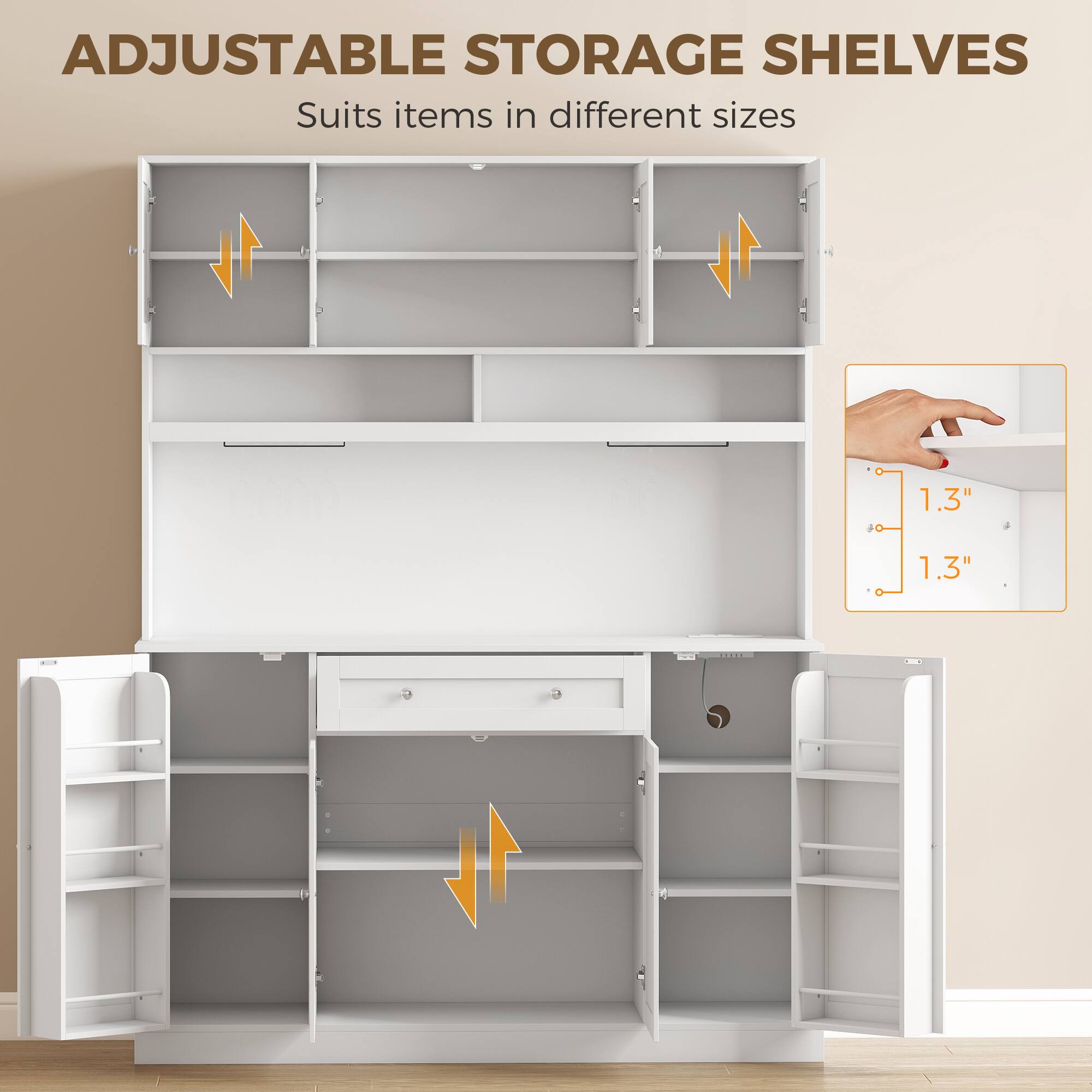 ADJUSTABLE STORAGE SHELVES  
Suits items in different sizes  

1.3"  
1.3"