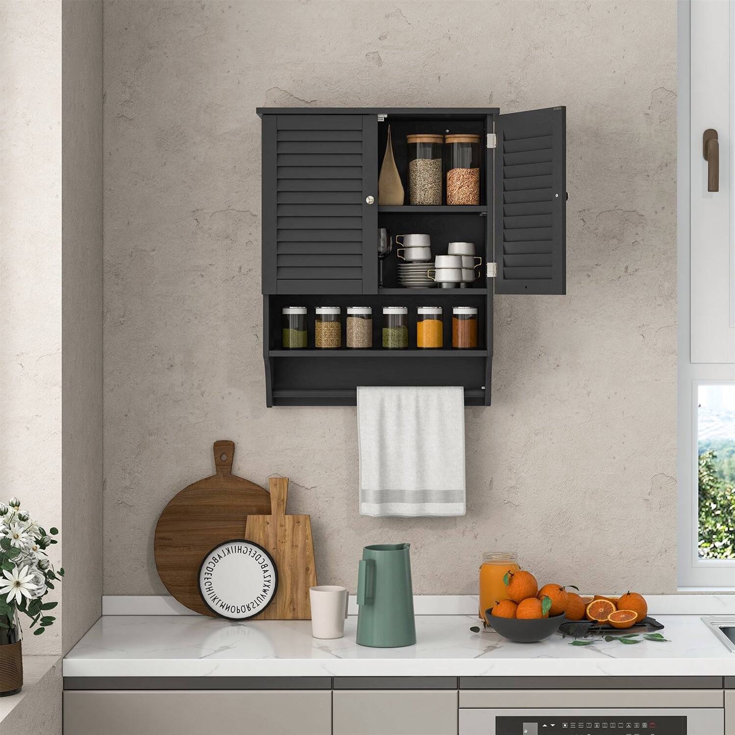 Left. Hivvago - Black Wall-Mounted Bathroom Medicine Cabinet with Louver Doors and Towel Bar - Black.