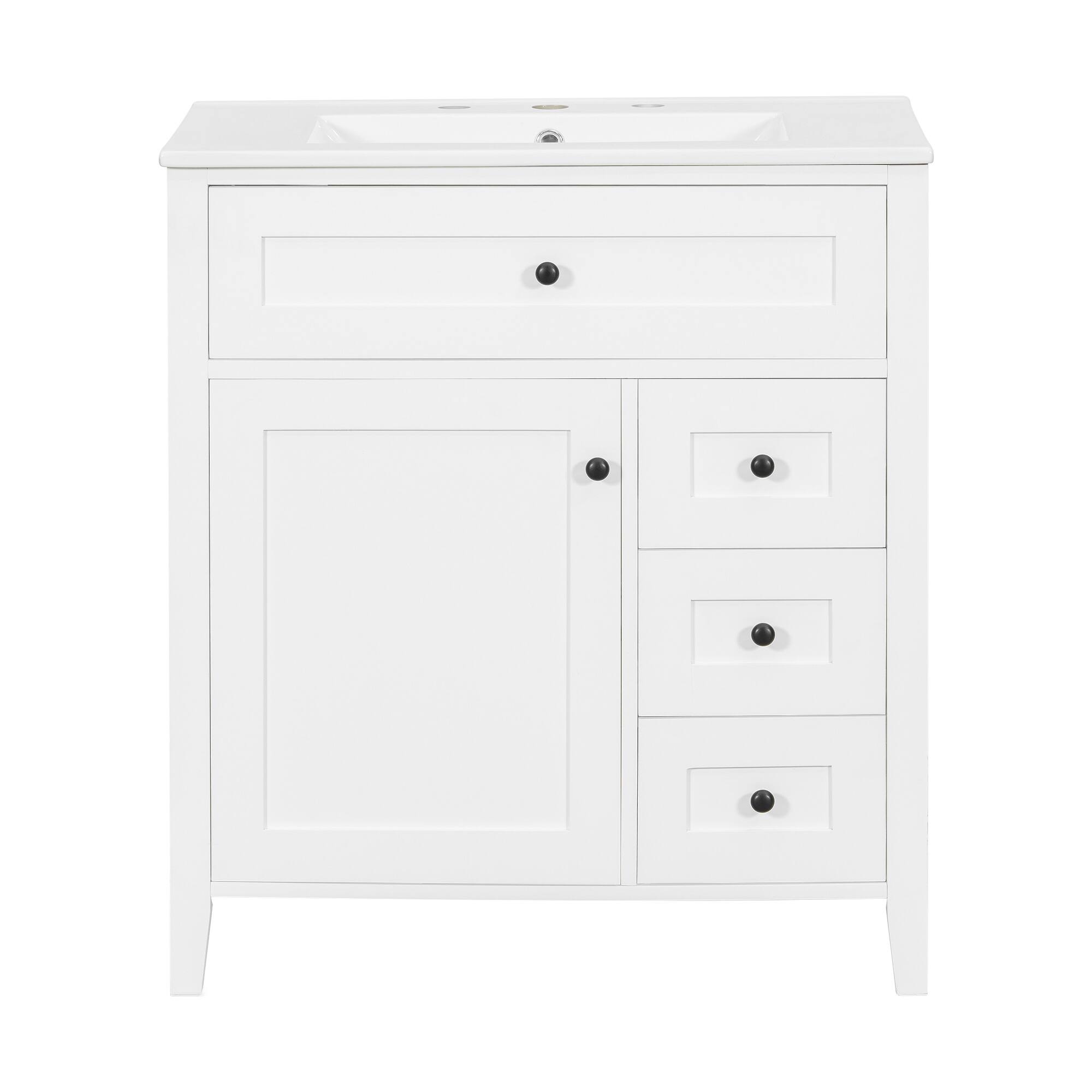Back. Whisen - 30 Inch Bathroom Vanity with Ceramic Sink Combo Modern 3 Drawer 1 Left Door Storage Cabinet Freestanding - White.