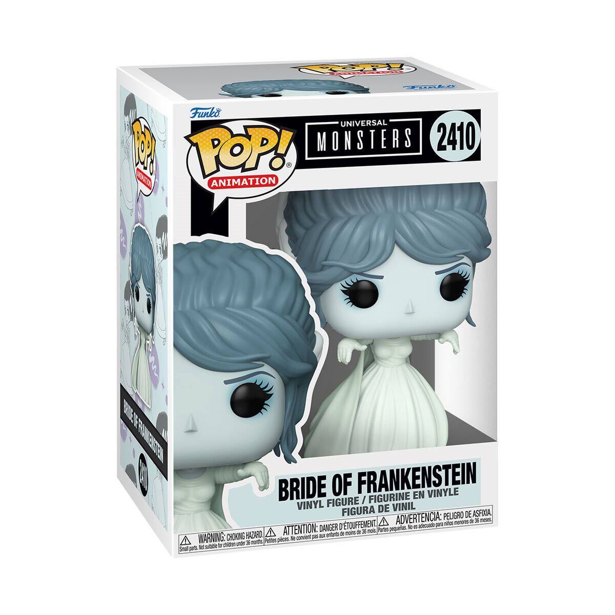 BO AAC Funko UNIVERSAL MONSTERS 2410 ares POP! ANIMATION BRIDE OF FRANKENSTEIN VINYLE FIGURINE EN FIGURE I VINYL DE VINIL FIGURA PELIGRO DE ASFIXIA D'TOUFFEMENT A ADVERTENCIA: p01 sinos menones de % neses DANGER pequelos - a axfecuado HAZARO A ATTENTION: - entaris a mans de 36 noit Partes WARNING: CHOKING Prttes pibons R convient OE phieen ade 3 nothc - a Smal -