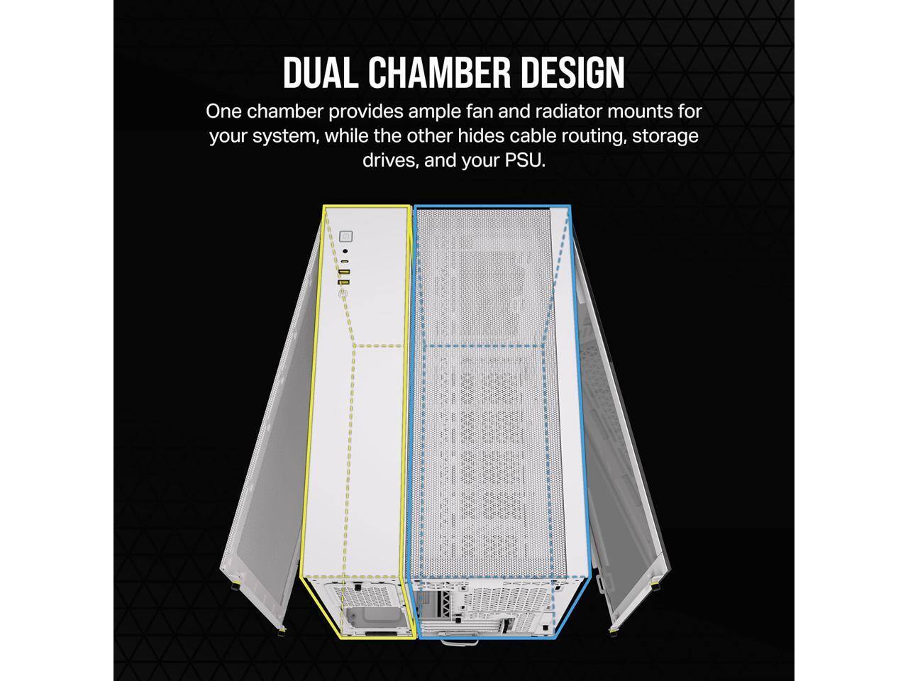 DUAL CHAMBER DESIGN

One chamber provides ample fan and radiator mounts for your system, while the other hides cable routing, storage drives, and your PSU.