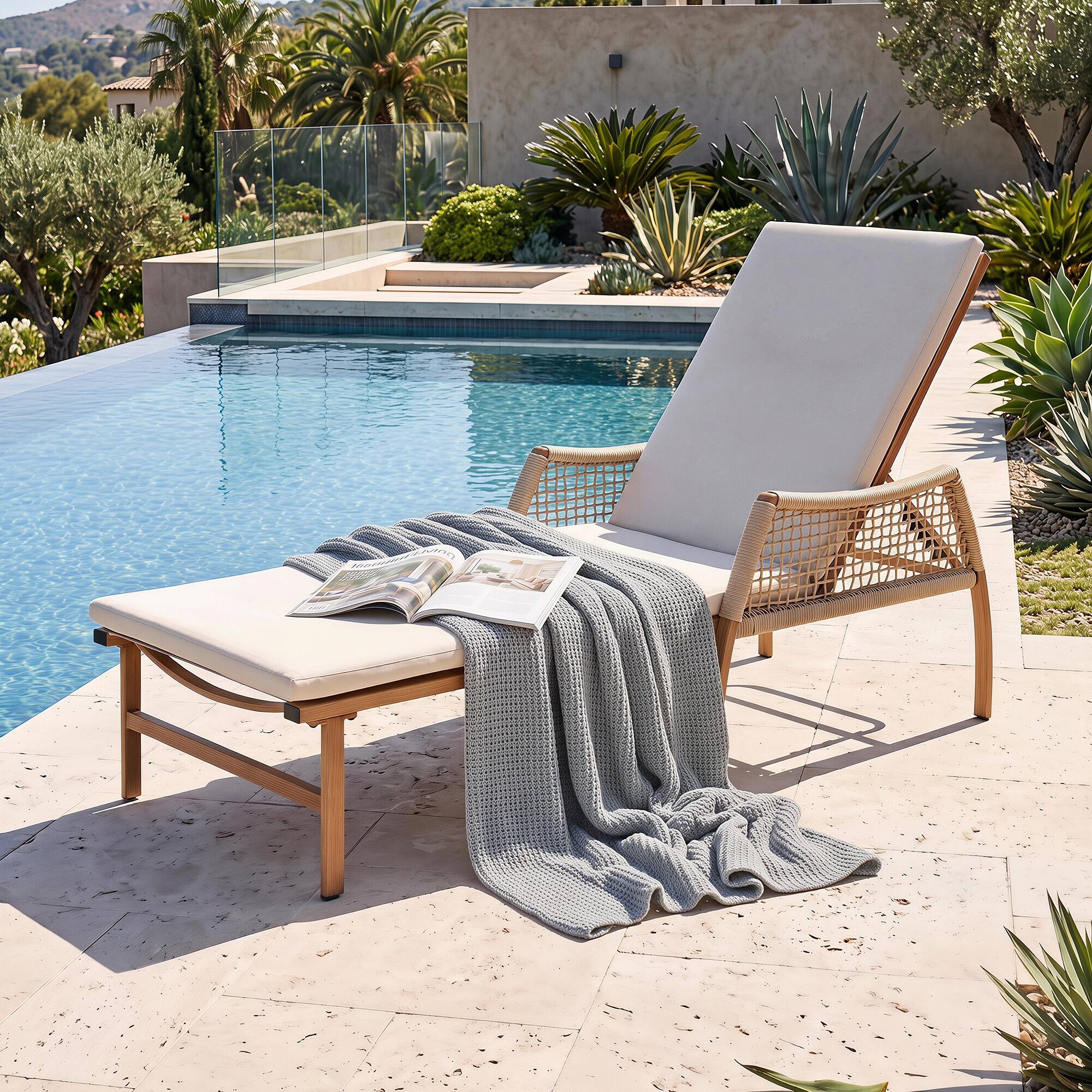 Angle. Nuu Garden - Outdoor Aluminum and Rattan Chaise Lounge with 6 Adjustable Backrest - Brown and Beige.