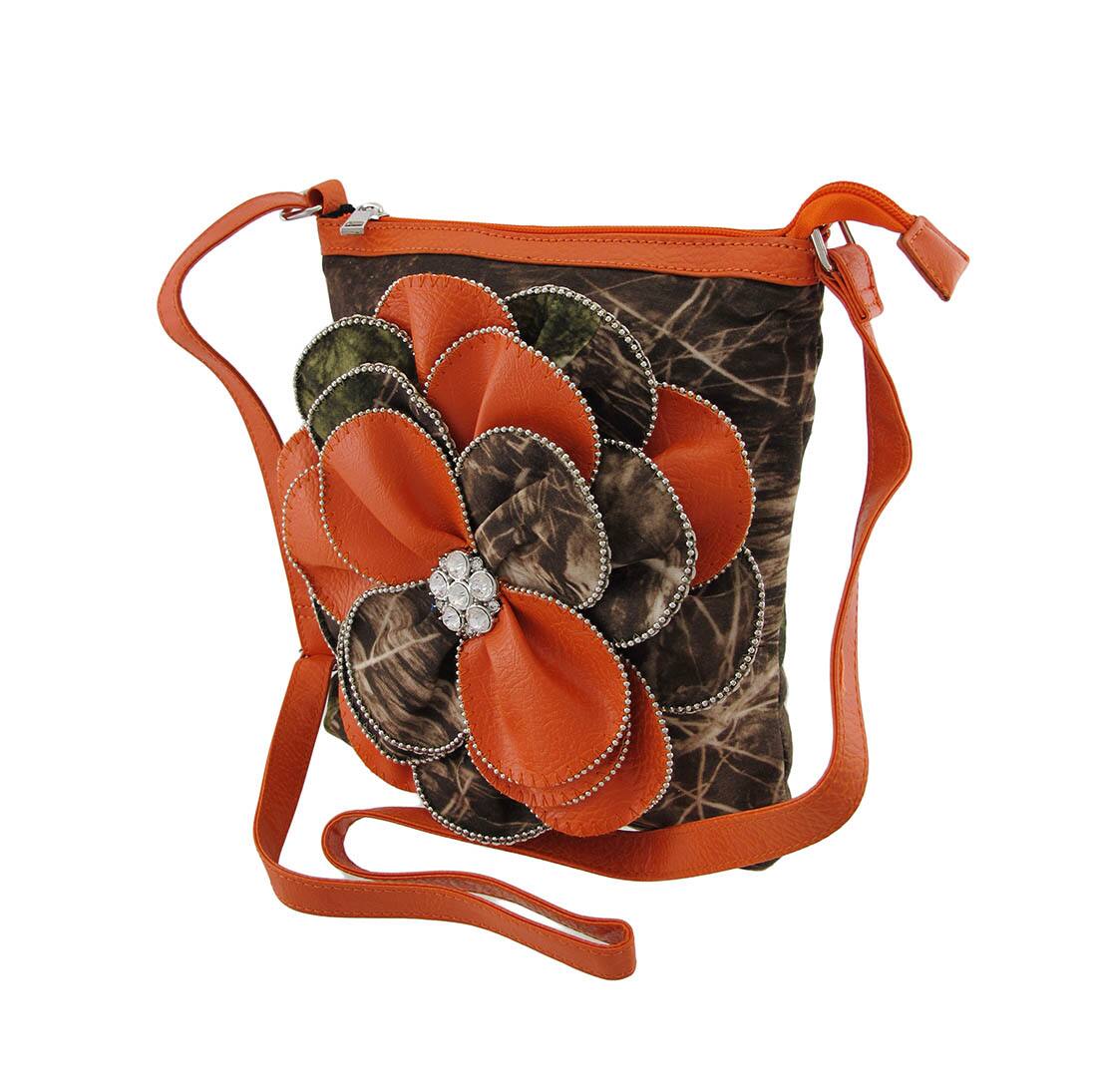 Front. Zeckos - Forest Camouflage Cross Body Bag with Flower - Orange.