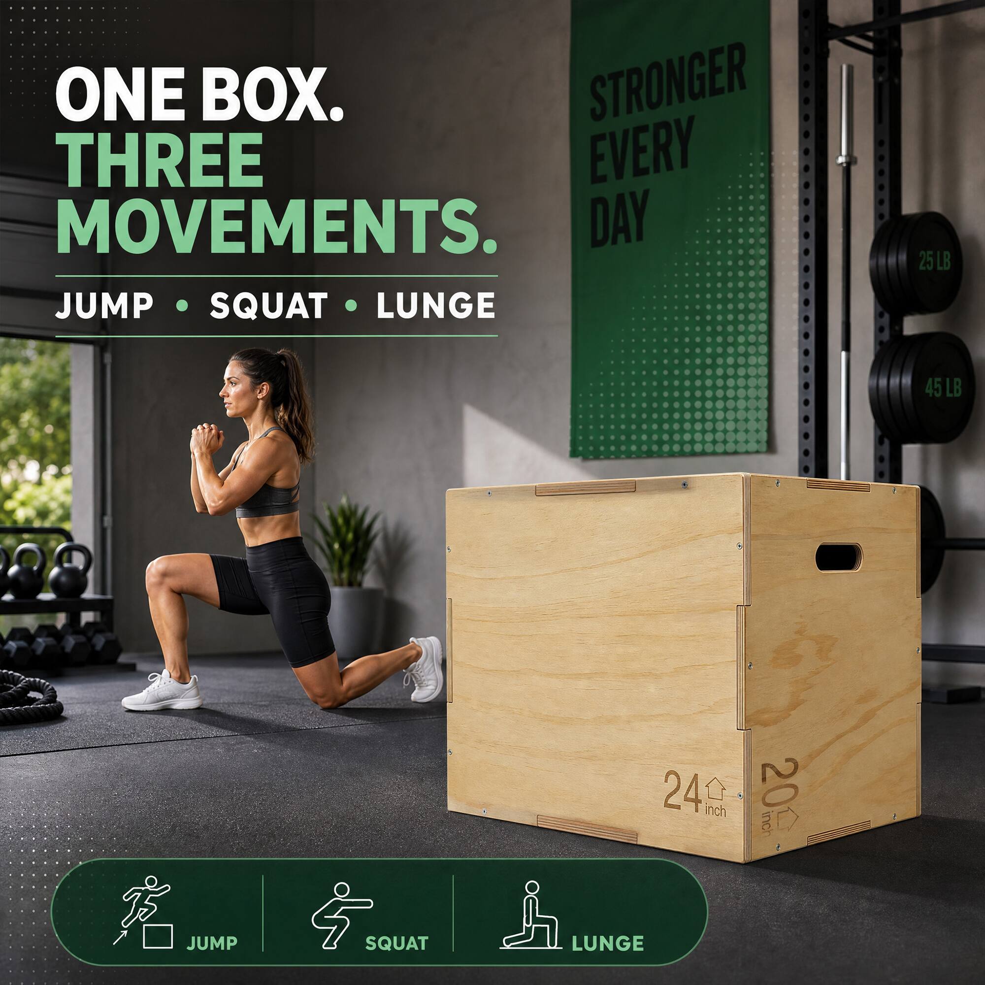 ONE BOX.  
THREE MOVEMENTS.  
JUMP • SQUAT • LUNGE  

STRONGER EVERY DAY  

25 LB  
45 LB  

24 inch  
20 inch  

JUMP  
SQUAT  
LUNGE