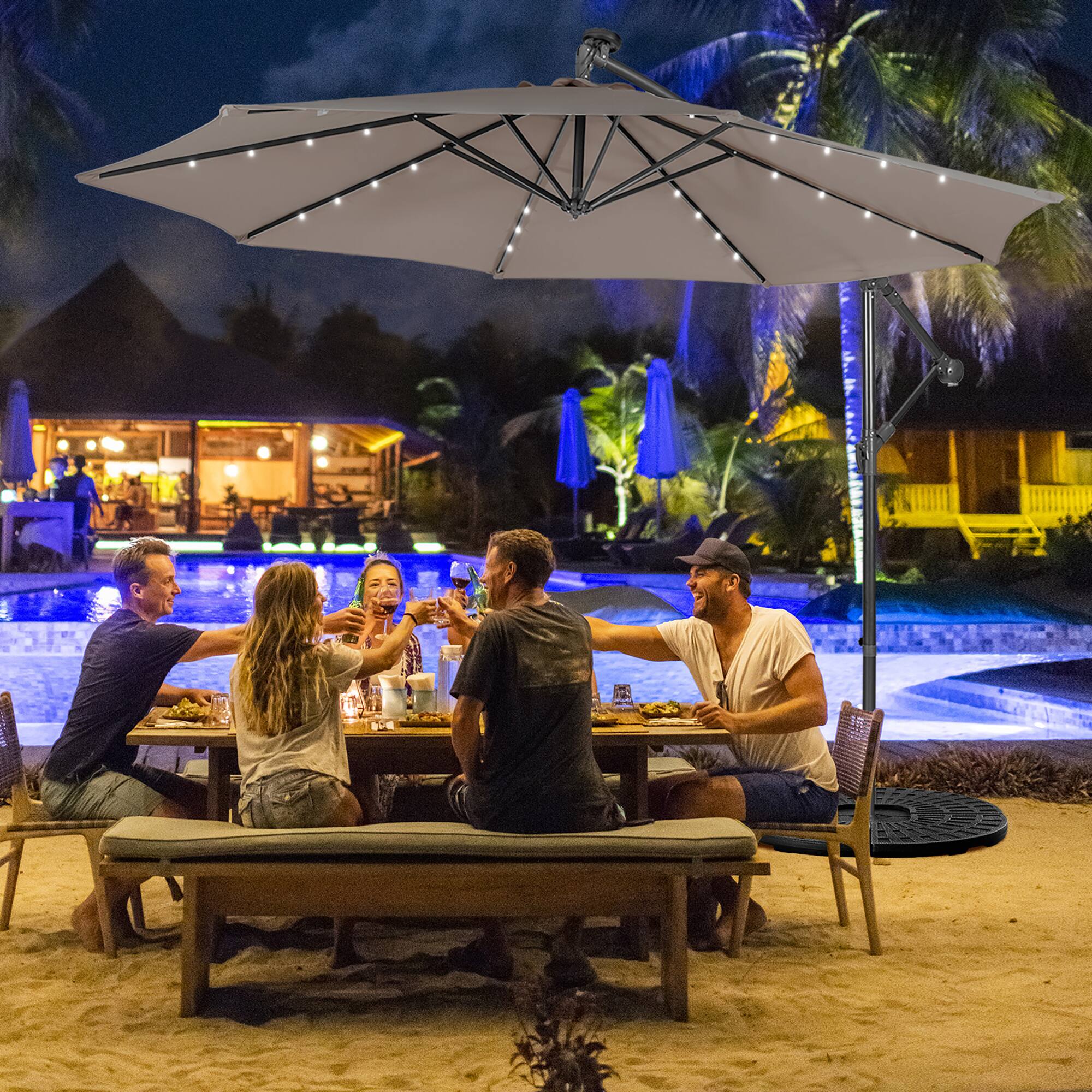 Alt View 1. Costway - 10FT Cantilever Solar Powered 32LED Lighted Patio Offset Umbrella Outdoor - Coffee.