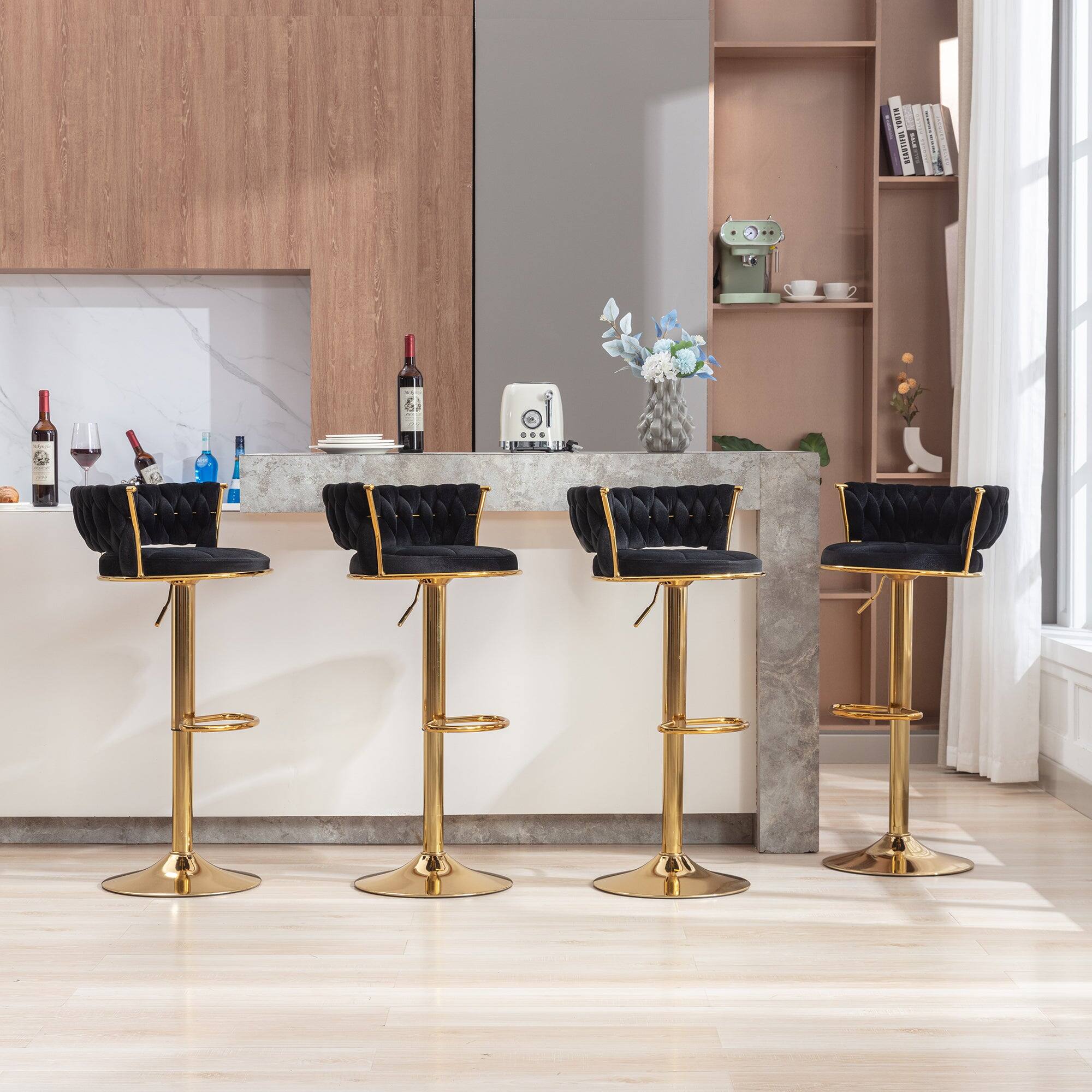 Alt View 2. Vecelo - Set of 4 Velvet Bar Stools with 360° Swivel & Adjustable Height - Modern Counter Stools - Black.