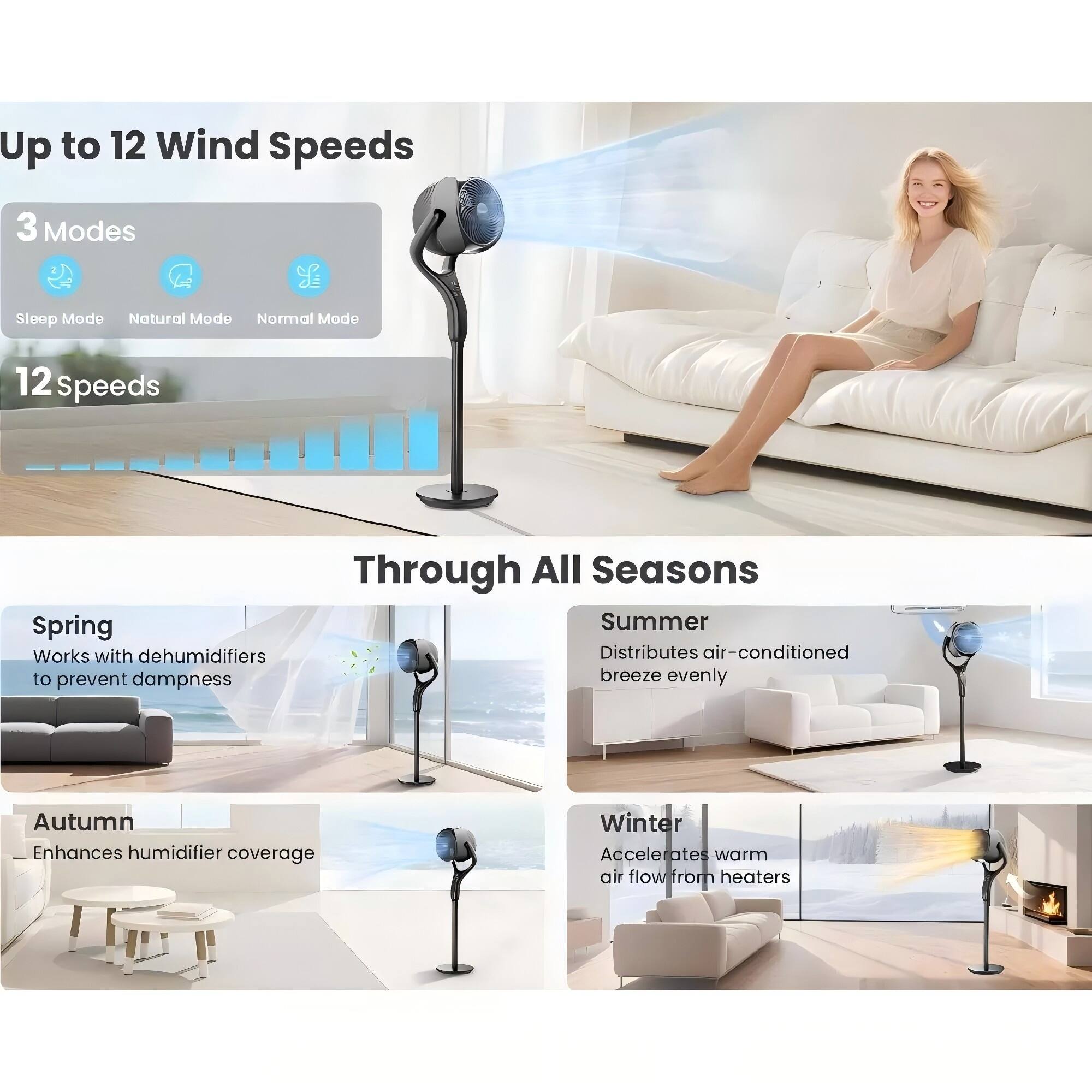 Up to 12 Wind Speeds

3 Modes
- Sleep Mode
- Natural Mode
- Normal Mode

12 Speeds

Through All Seasons

Spring
- Works with dehumidifiers to prevent dampness

Summer
- Distributes air-conditioned breeze evenly

Autumn
- Enhances humidifier coverage

Winter
- Accelerates warm air flow from heaters