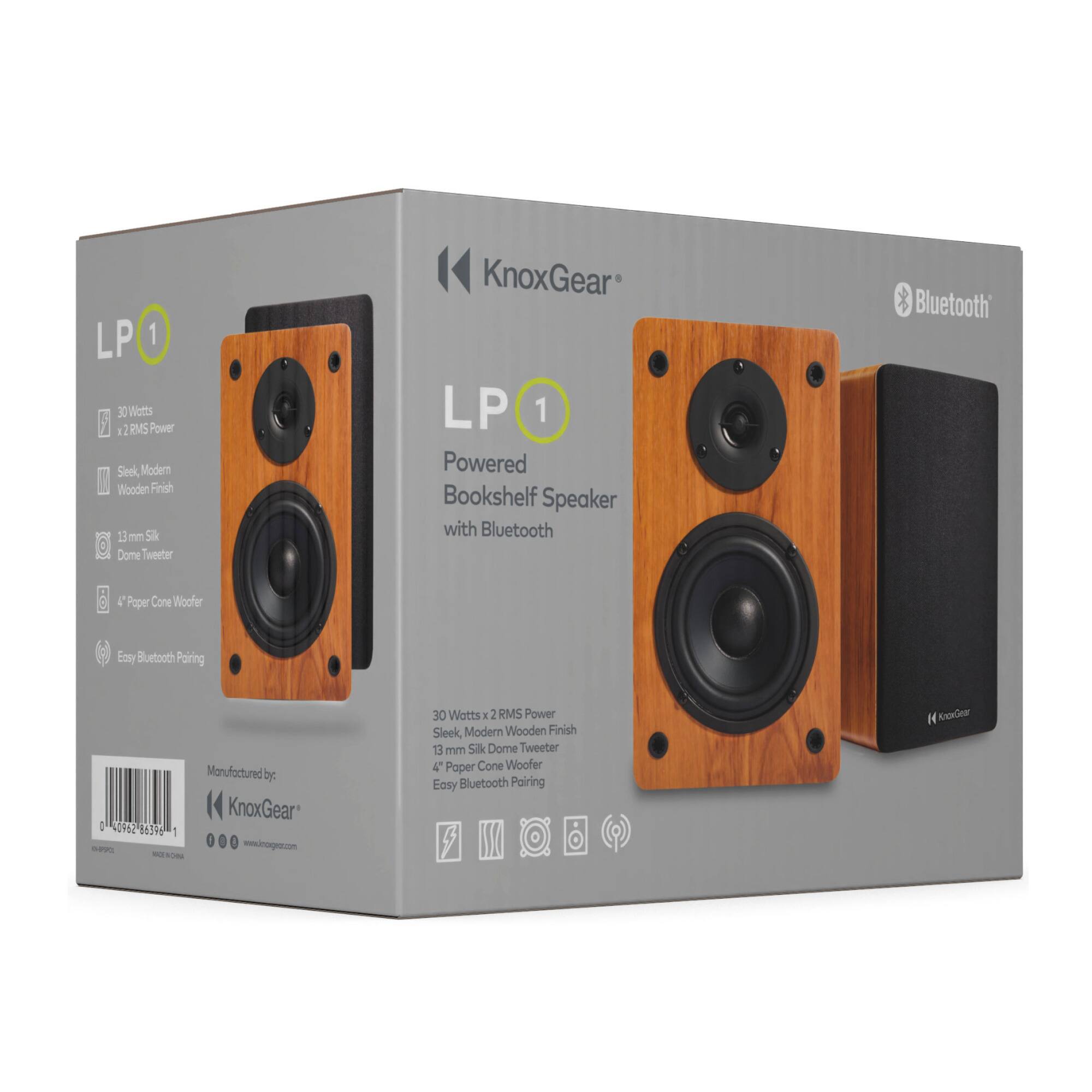 LP 1  
30 Watts x 2 RMS Power  
Sleek, Modern Wooden Finish  
13 mm Silk Dome Tweeter  
4" Paper Cone Woofer  
Easy Bluetooth Pairing  

KnoxGear LP 1 Powered Bookshelf Speaker with Bluetooth  
30 Watts x 2 RMS Power  
Sleek, Modern Wooden Finish  
13 mm Silk Dome Tweeter  
4" Paper Cone Woofer  
Easy Bluetooth Pairing  

Manufactured by: KnoxGear  
www.knoxgear.com  

Bluetooth  

LP 1  
30 Watts x 2 RMS Power  
Sleek, Modern Wooden Finish  
13 mm Silk Dome Tweeter  
4" Paper Cone Woofer  
Easy Bluetooth Pairing  

KnoxGear LP 1 Powered Bookshelf Speaker with Bluetooth  
30 Watts x 2 RMS Power  
Sleek, Modern Wooden Finish  
13 mm Silk Dome Tweeter  
4" Paper Cone Woofer  
Easy Bluetooth Pairing  

Manufactured by: KnoxGear  
www.knoxgear.com  

Bluetooth