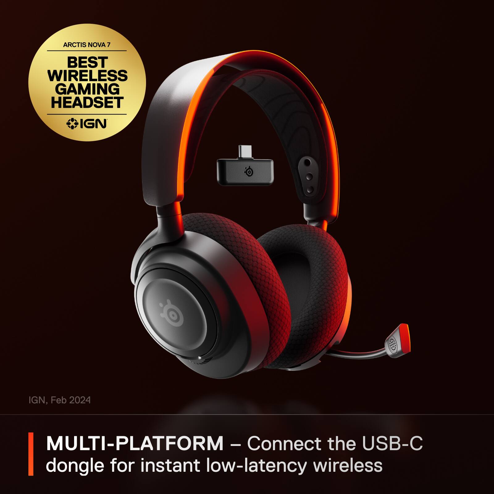 The text on the image reads: "Arctis Nova 7 Best Wireless Gaming Headset IGN Feb 2024 Multi-Platform - C Connect the USB-C dongle for instant low-latency wireless."
