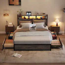 Winado - Bed Frame Full Size with 4 Storage Drawers and Storage Headboard Metal Platform with Charging Station and LED Lights - Wash Gray