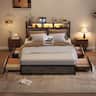 Winado - Bed Frame Full Size with 4 Storage Drawers and Storage Headboard Metal Platform with Charging Station and LED Lights - Wash Gray