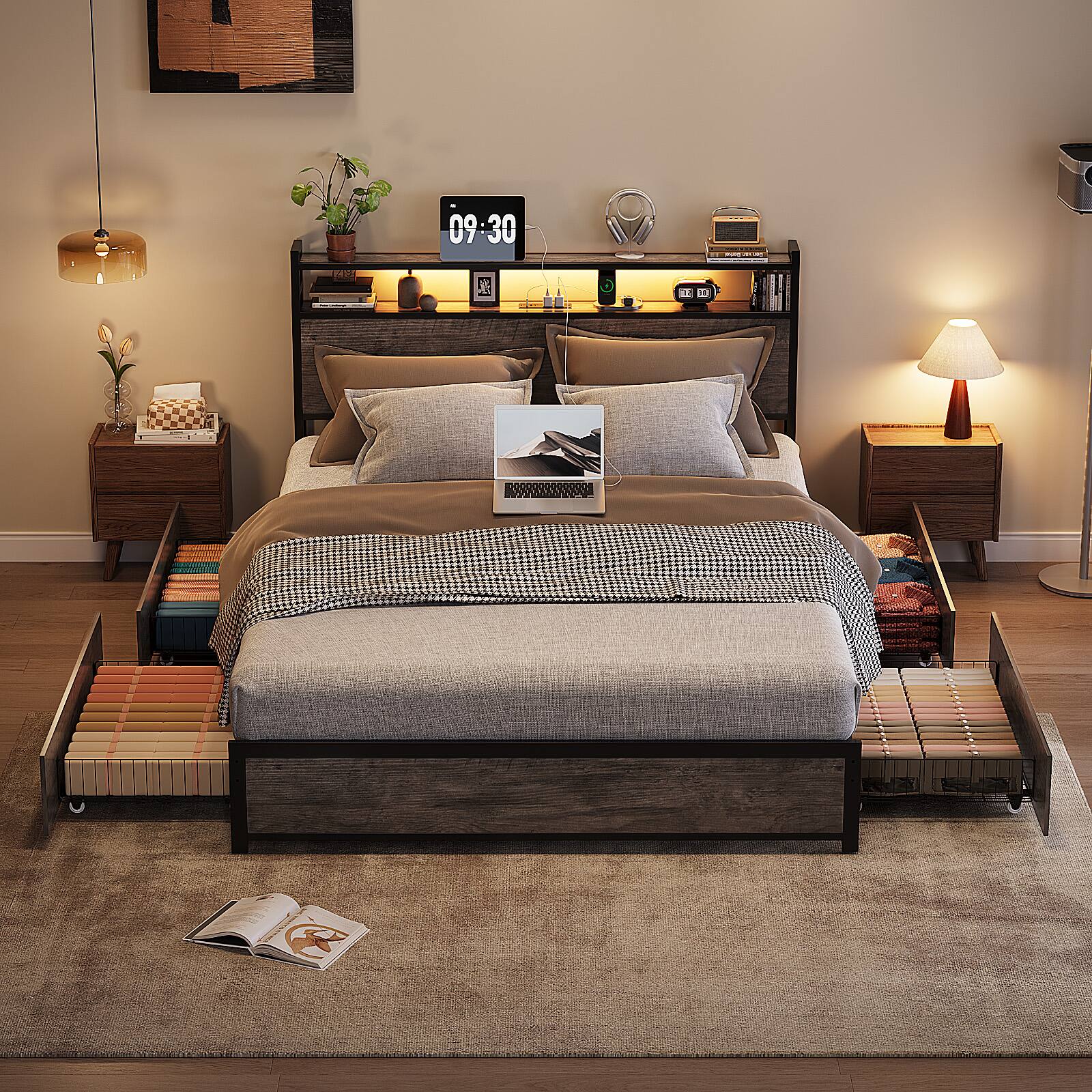 Alt View 8. Winado - Bed Frame King Size with 4 Storage Drawers and Storage Headboard Metal Platform with Charging Station and LED Lights - Wash Gray.