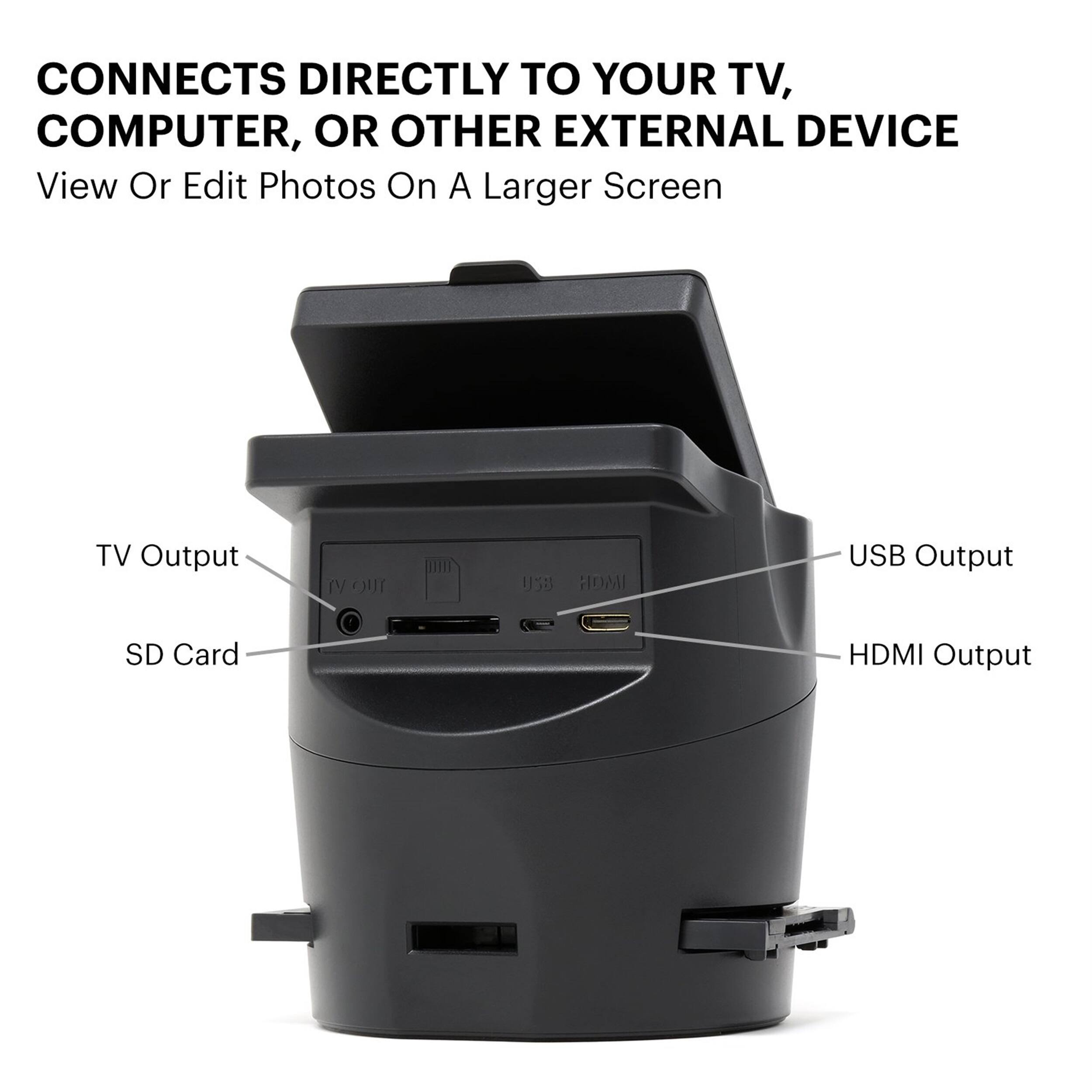Connects directly to your TV, computer, or other external device. View or edit photos on a larger screen. TV output, USB output, SD card, HDMI output.