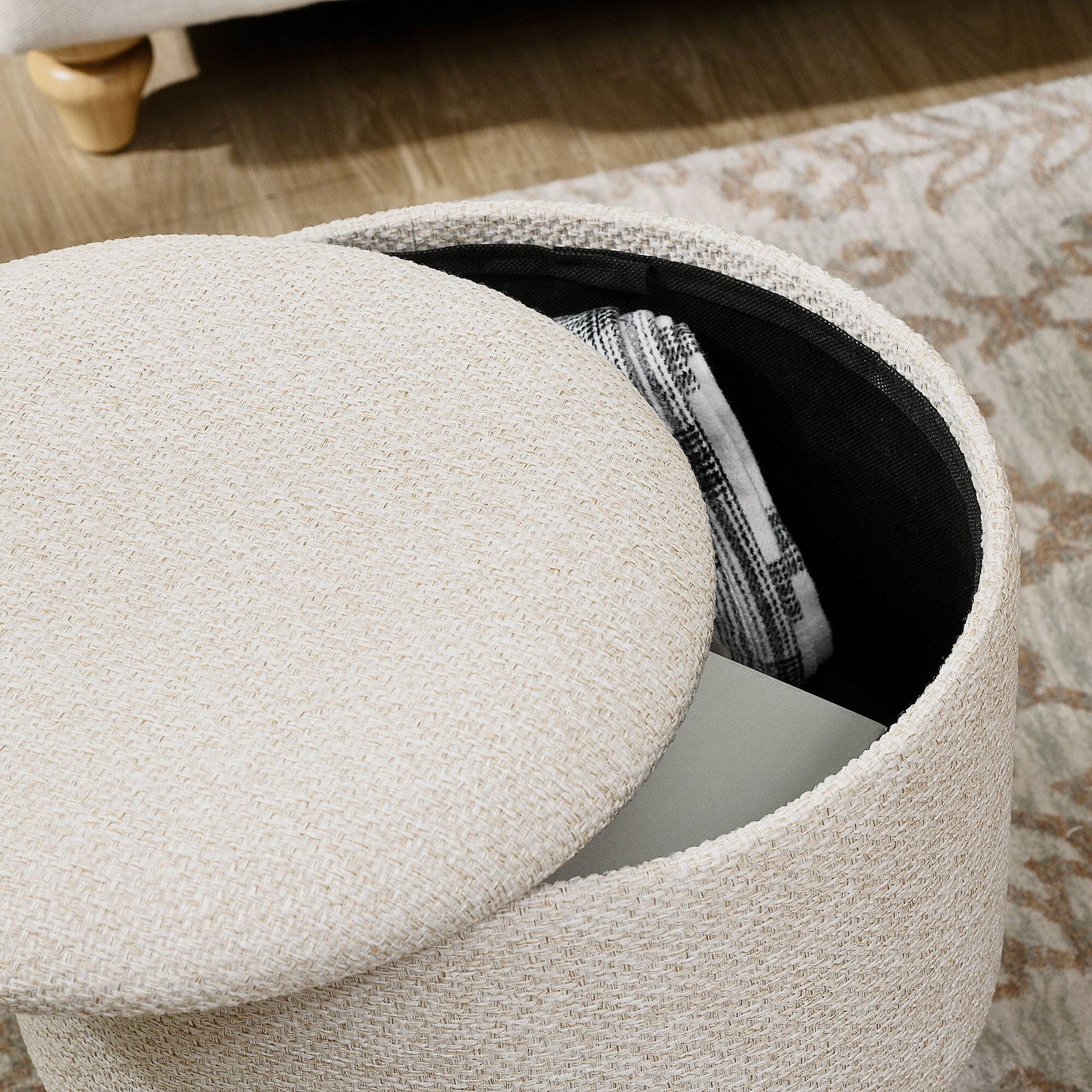 Alt View 7. Homcom - Ottoman Stool with Storage, Linen Fabric Upholstered Foot Stool with Padded Seat - Cream White.