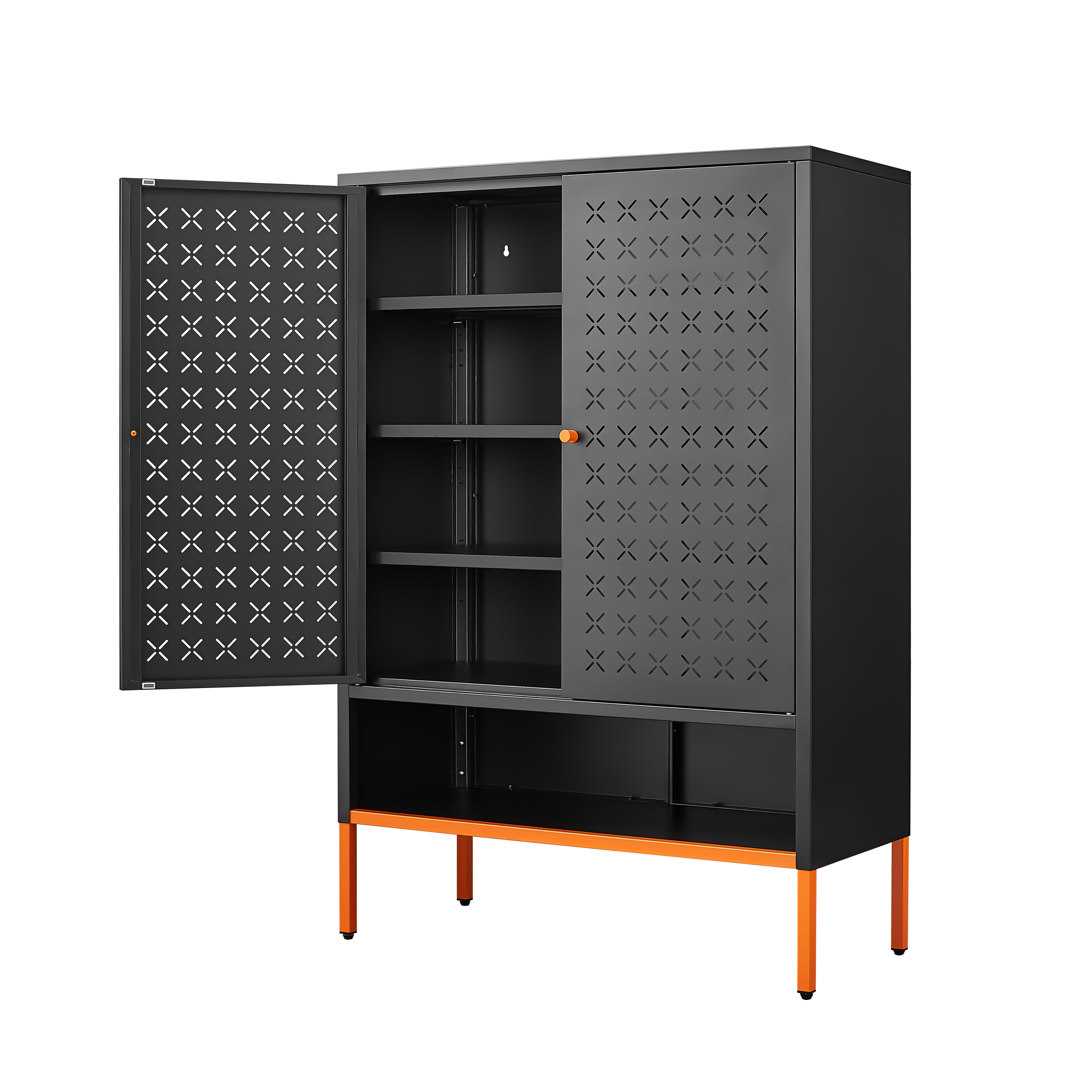 Back. GOODSILO - Grid Double Door Shoe Cabinet with Adjustable Shelves & Elevated Base - Black.