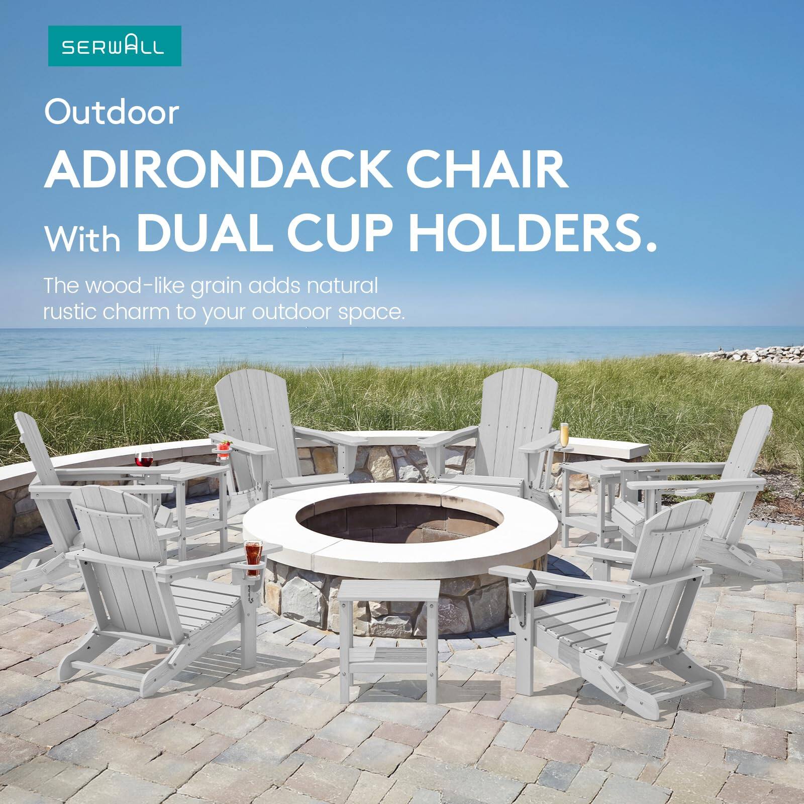 SERWALL Outdoor ADIRONDACK CHAIR With DUAL CUP HOLDERS. The wood-like grain adds natural rustic charm to your outdoor space.