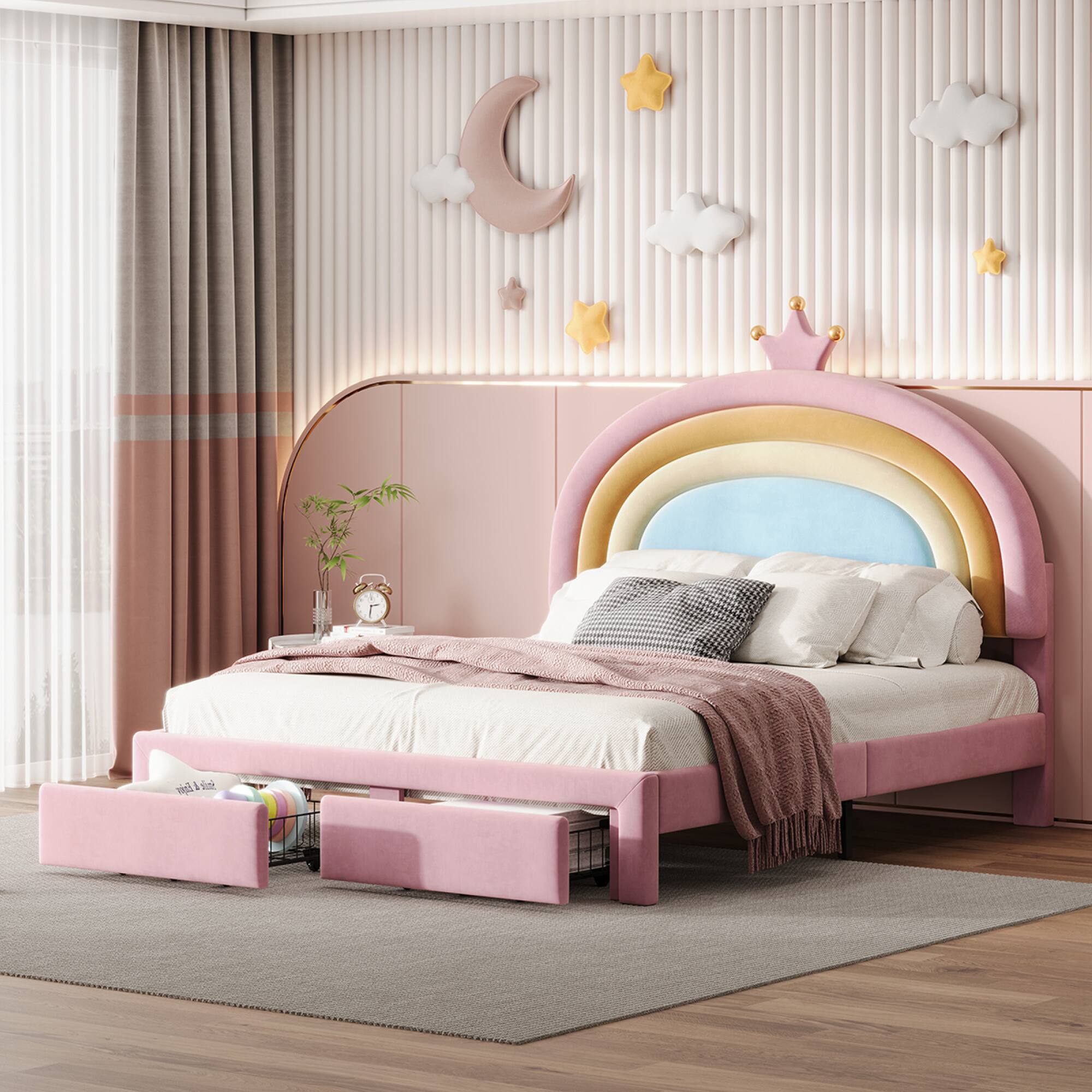 Alt View 7. GOODSILO - Full Size Upholstered Platform Bed with Storage Drawer and Colorful Design - Pink.
