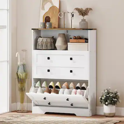 Front. Homcom - Cabinet with 2 Flip Drawers - White.