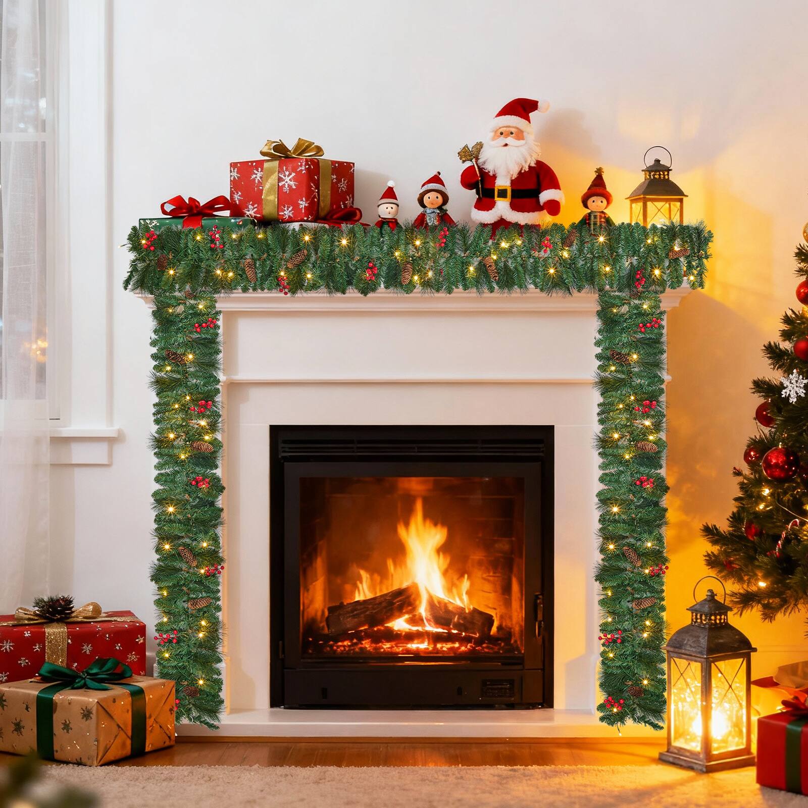 Angle. Acekool - 9ft Pre-Lit Pine Christmas Garland with 40 Warm White LED Lights 8 Lighting Modes for Door Fireplace Stair Window - Green.