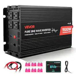 VEVOR - 1500W Power Inverter, 12V DC to 120V AC Pure Sine Wave Inverter, Car Charger Converter with Remote Control - Black