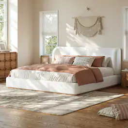 Whisen - King Size Low-Profile Upholstered Platform Bed, Boucle Fabric Modern Bed Frame with Curved Headboard - White