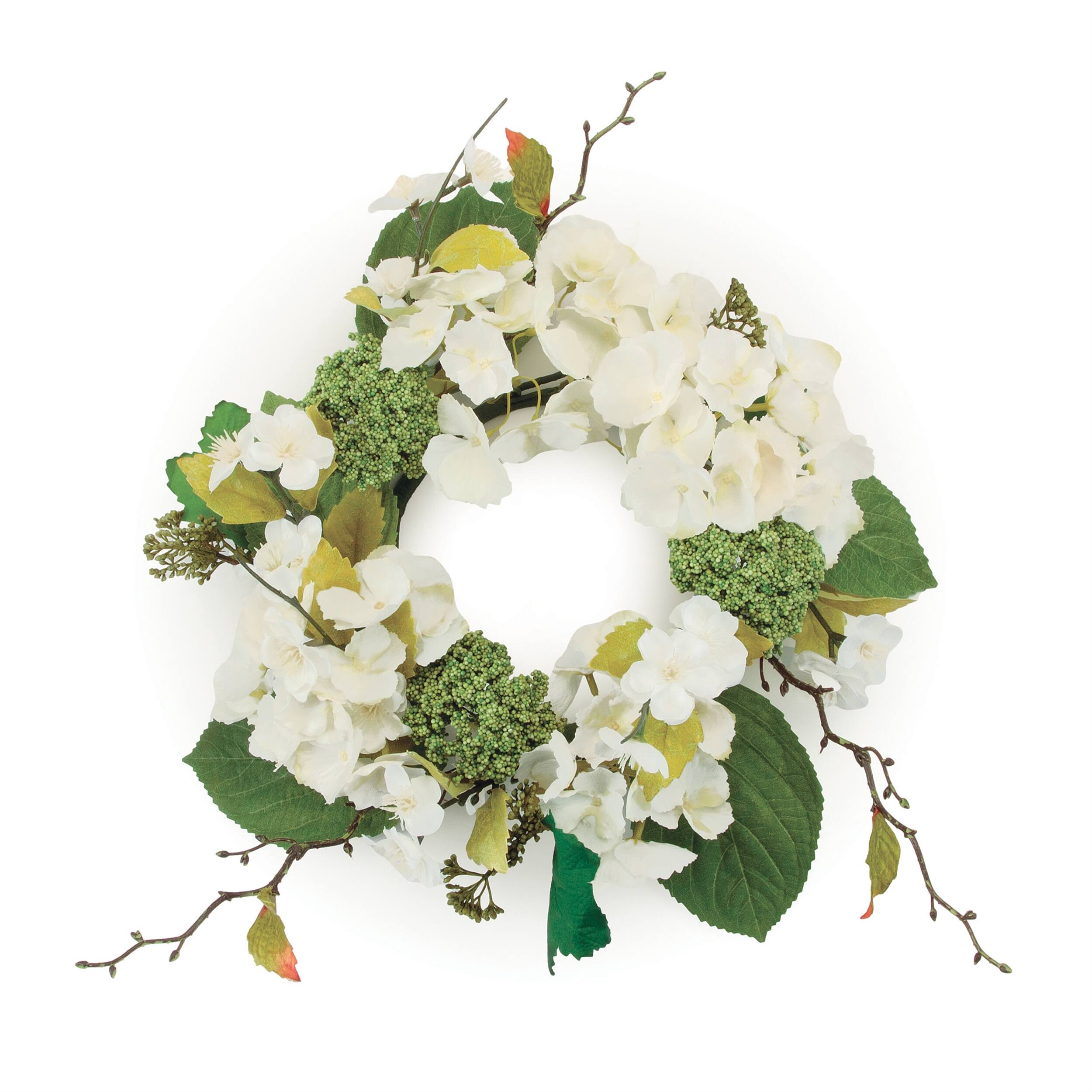Angle. BreeBe - Hydrangea Floral Candle Ring (Set of 2) - White, Green.