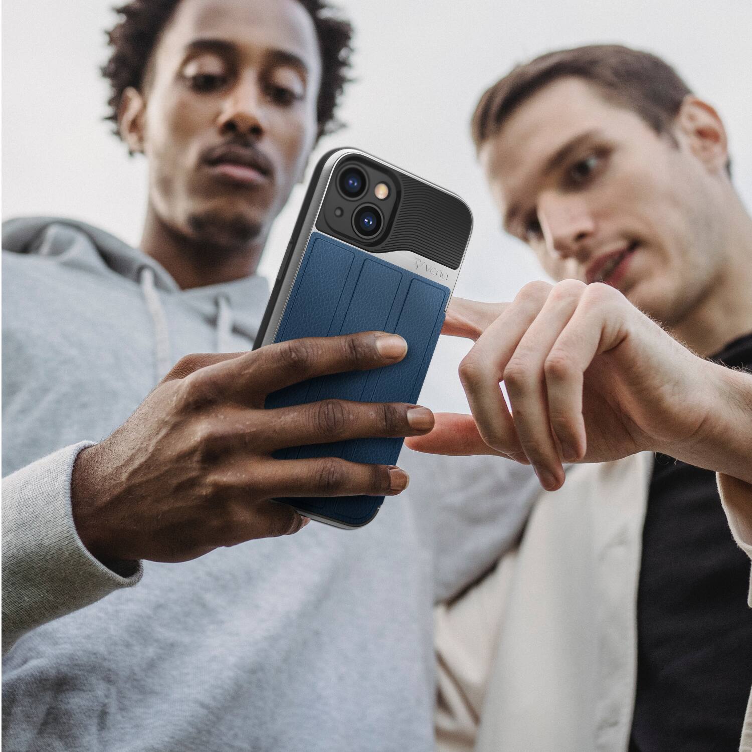 Angle. Vena - vCommute for Apple iPhone 14 Wallet Case, Leather Flip Cover with Card Slot and Kickstand - Blue - Blue.