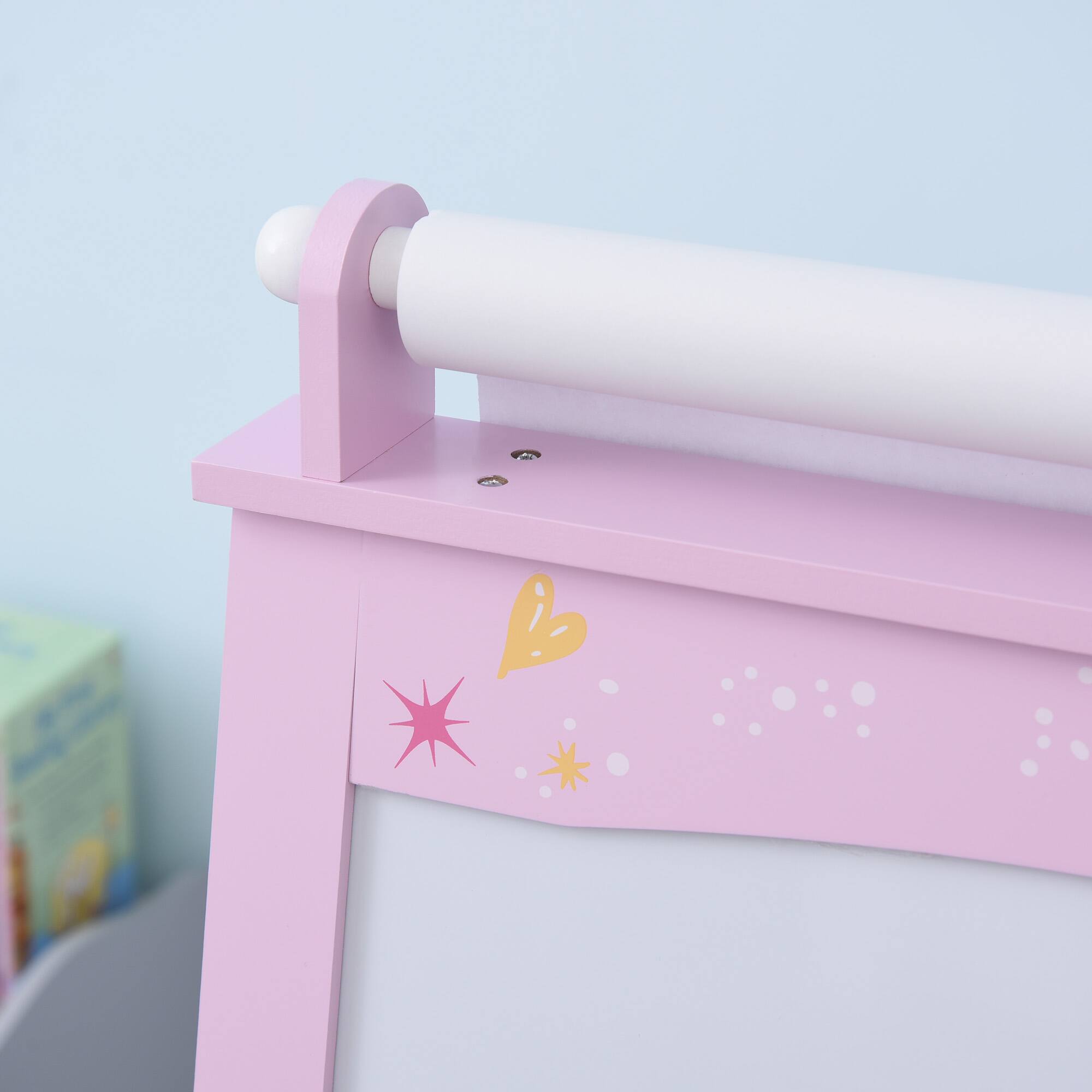 Alt View 5. Qaba - 3 In 1 Kids Wooden Art Easel with Paper Roll, Double-Sided Chalkboard & Whiteboard, Storage Baskets, Gift.