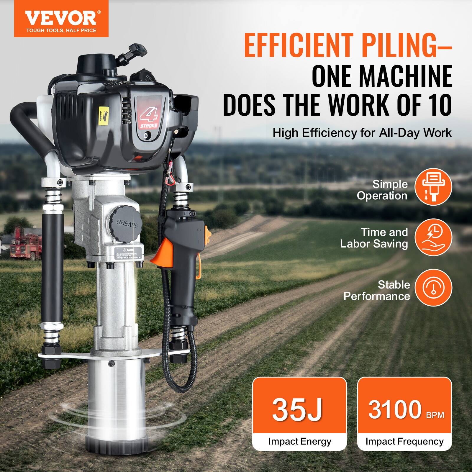 VEVOR TOUGH TOOLS, HALF PRICE

EFFICIENT PILING—
ONE MACHINE DOES THE WORK OF 10

High Efficiency for All-Day Work

Simple Operation
Time and Labor Saving
Stable Performance

35J Impact Energy
3100 BPM Impact Frequency