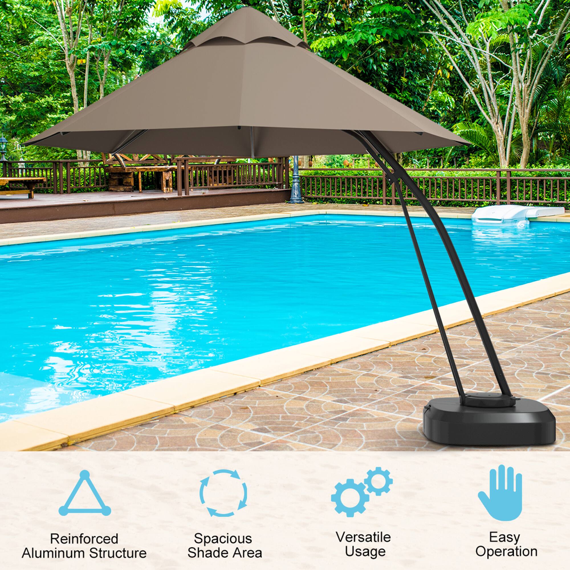 Reinforced Aluminum Structure  
Spacious Shade Area  
Versatile Usage  
Easy Operation