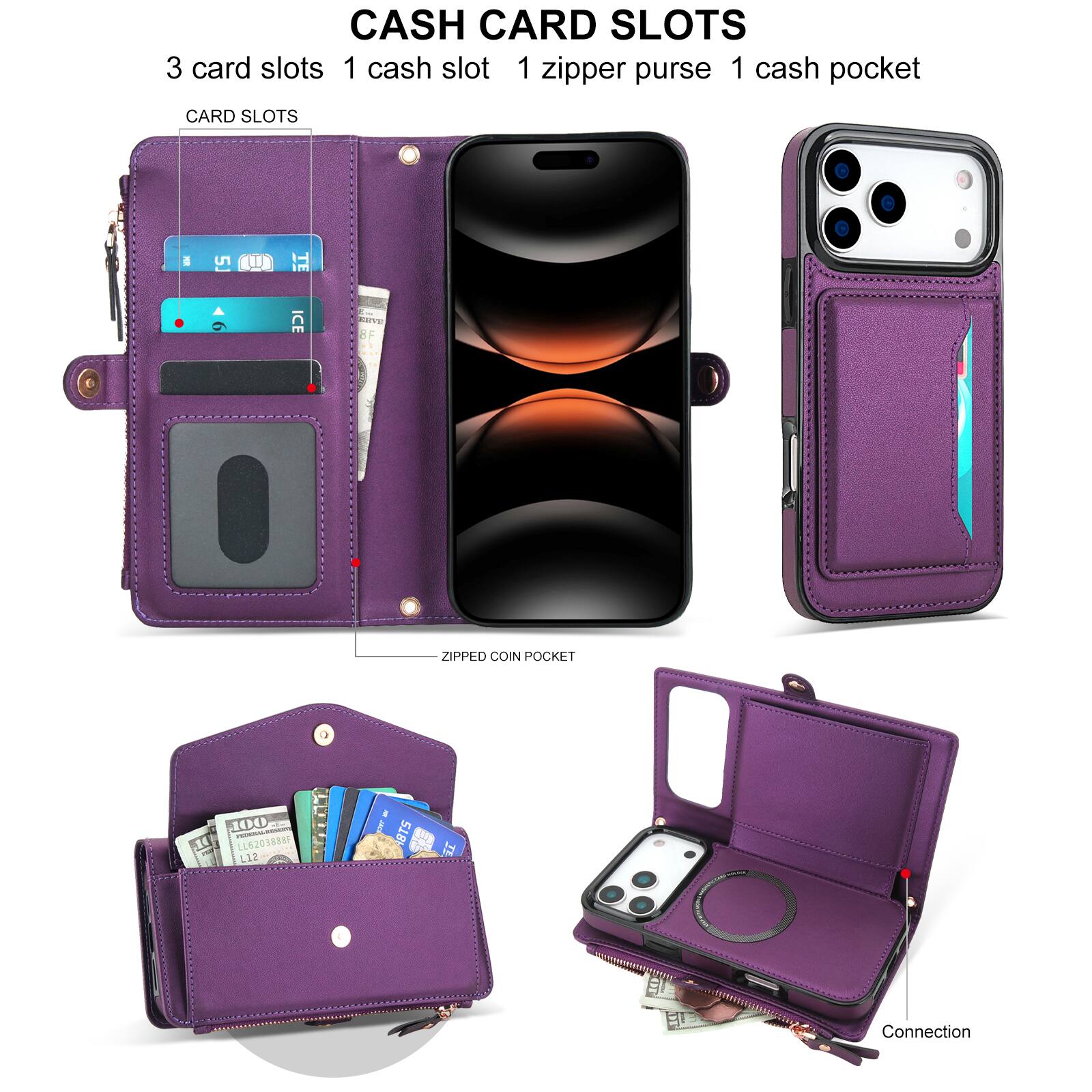 CASH CARD SLOTS  
3 card slots  
1 cash slot  
1 zipper purse  
1 cash pocket  

CARD SLOTS  

ZIPPED COIN POCKET  

Connection  

100 - LL62018889 L12 RTS