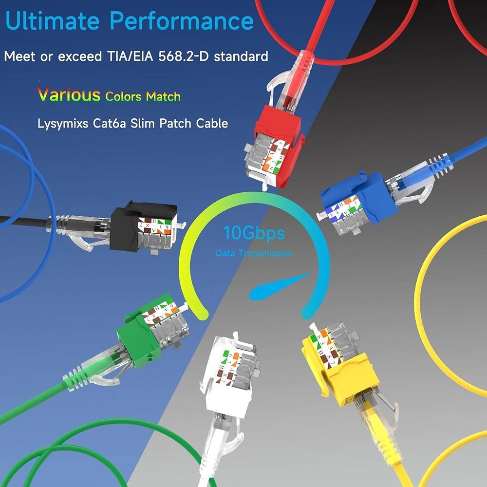 Ultimate Performance  
Meet or exceed TIA/EIA 568.2-D standard  

Various Colors Match  
Lysymixs Cat6a Slim Patch Cable  

10Gbps Data Transmission