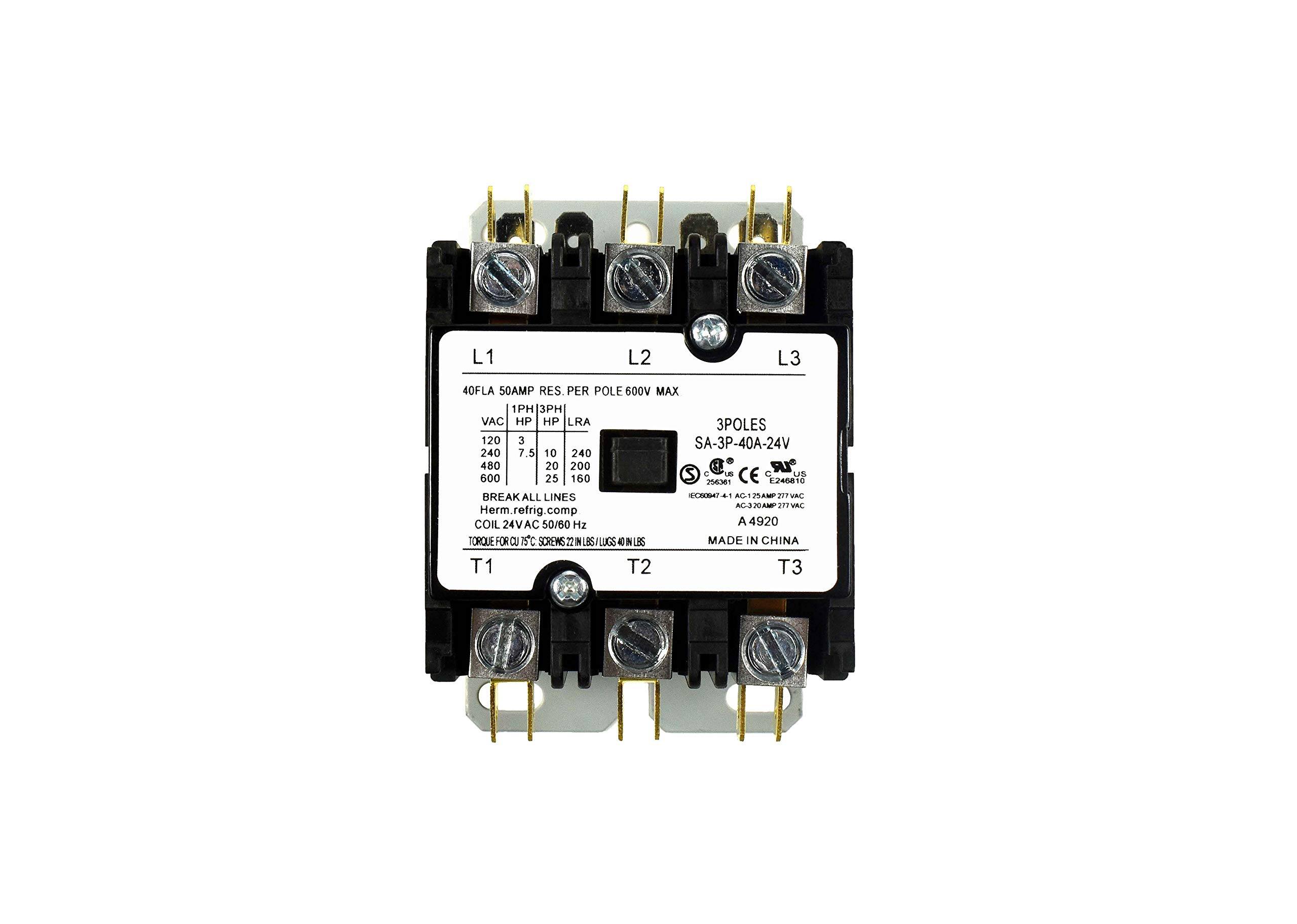 L1 L2 L3  
40FLA 50AMP RES. PER POLE 600V MAX  
1PH 3PH VAC  
HP HP LRA  
3POLES  
120 3  
240 7.5 10  
480 20 200  
600 25 160  
SA-3P-40A-24V  
CE au 256361  
T240810  
BREAK ALL LINES  
10D0  
A PAM 219  
Var AB N  
210 VAC  
Herm refrig comp  
COIL 24V AC 50/60 Hz  
A 4920  
TORQUE FOR CI  
ISC SCREWS  
9 LBS  
MADE IN CHINA  
T1 T2 T3