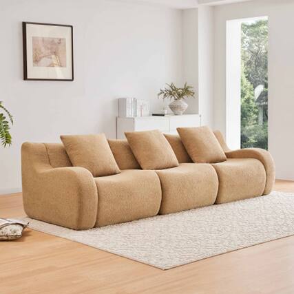 Front. Aukfa - Modular Teddy Fabric Sofa - 3-Seat Convertible Sectional, Soft Boneless Design for Living Room - Camel.