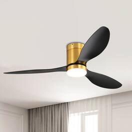Breezary - 52-Inch Flush Mount LED Ceiling Fan with 3 ABS Blades, DC Motor 120V/60Hz 28W, Memory Function, Remote Control - Black and Gold (with light)
