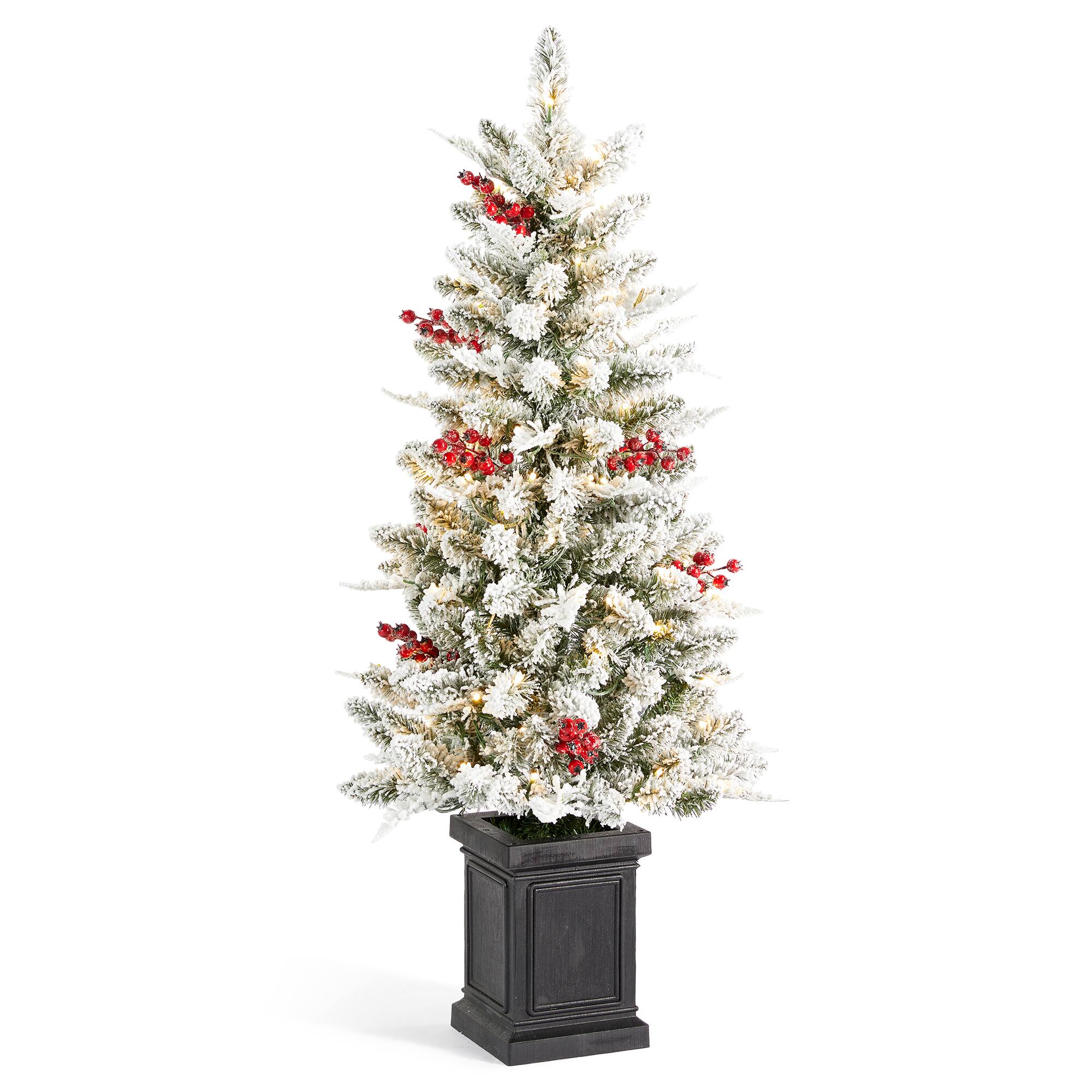 Angle. Glitzhome - 4ft Pre-Lit Flocked Christmas Porch Tree, Red Berries, 60 Warm White/Multi Lights, Foot Pedal - White.