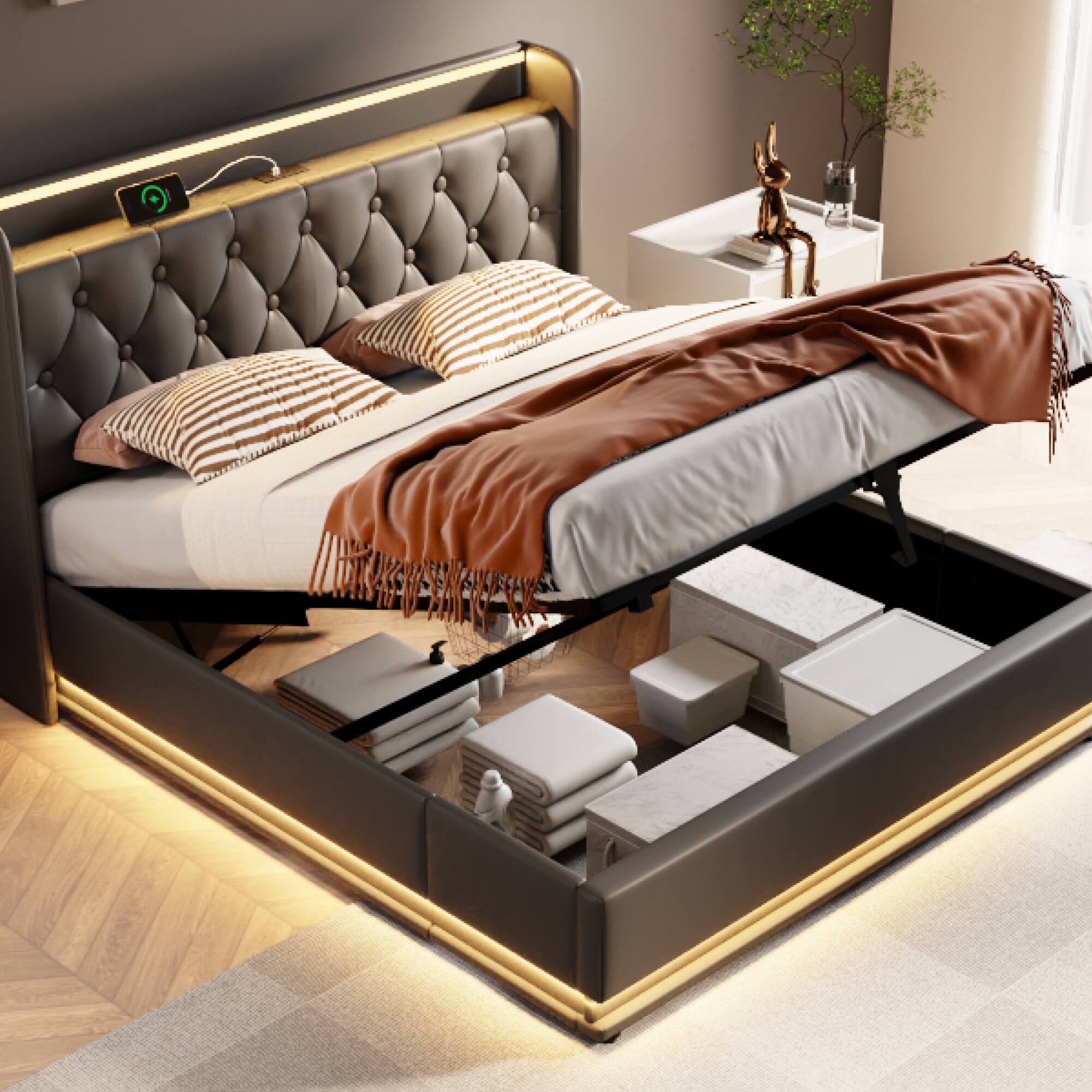 Left. GOODSILO - Queen Size Upholstered LED Bed with Hydraulic Storage and USB Charging - Black.