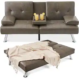 Best Choice Products - Modern Faux Leather Convertible Futon Sofa w/ Removable Armrests, 2 Cupholders - Gray