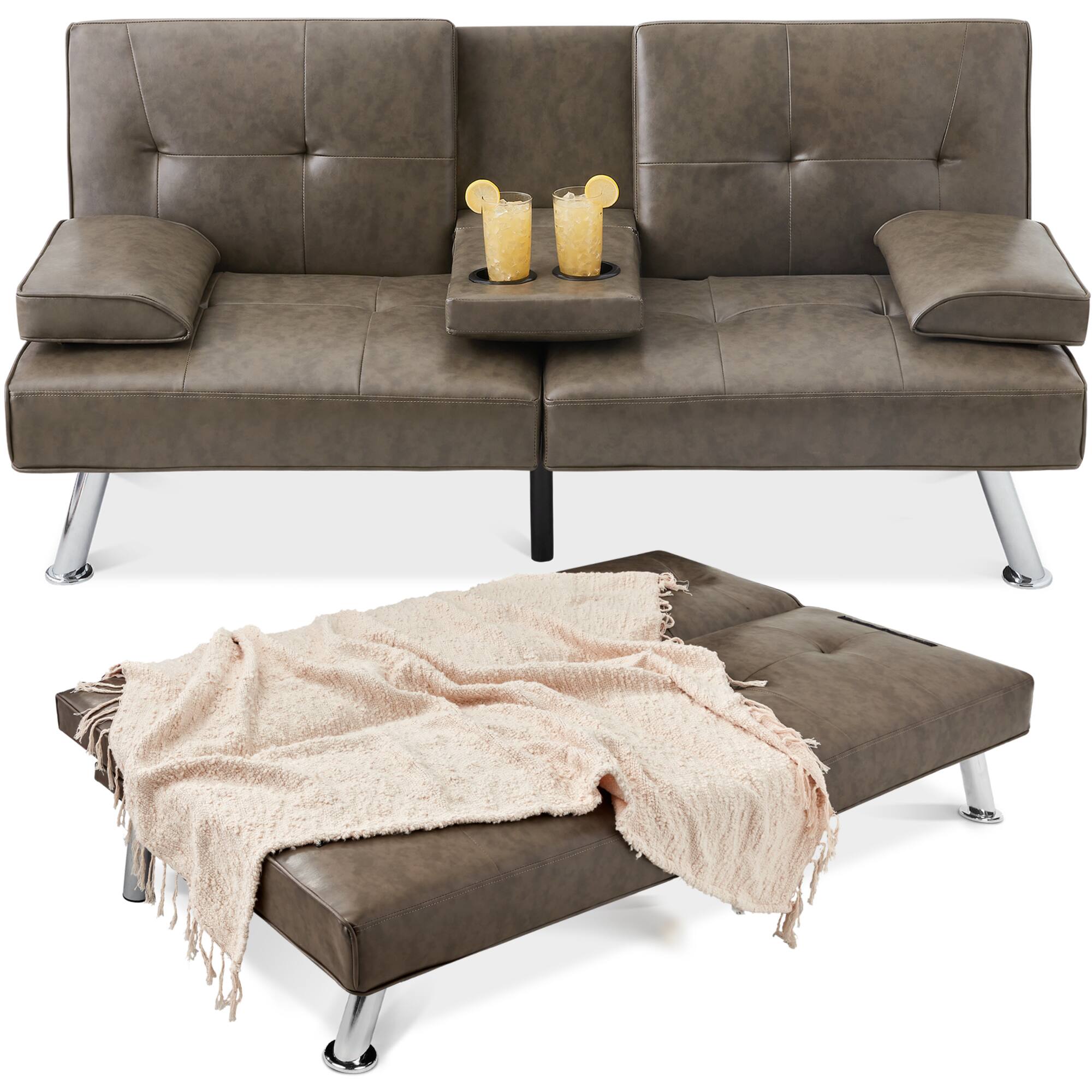 Front. Best Choice Products - Best Choice Products Modern Faux Leather Convertible Futon Sofa w/ Removable Armrests, 2 Cupholders - Gray - Gray.